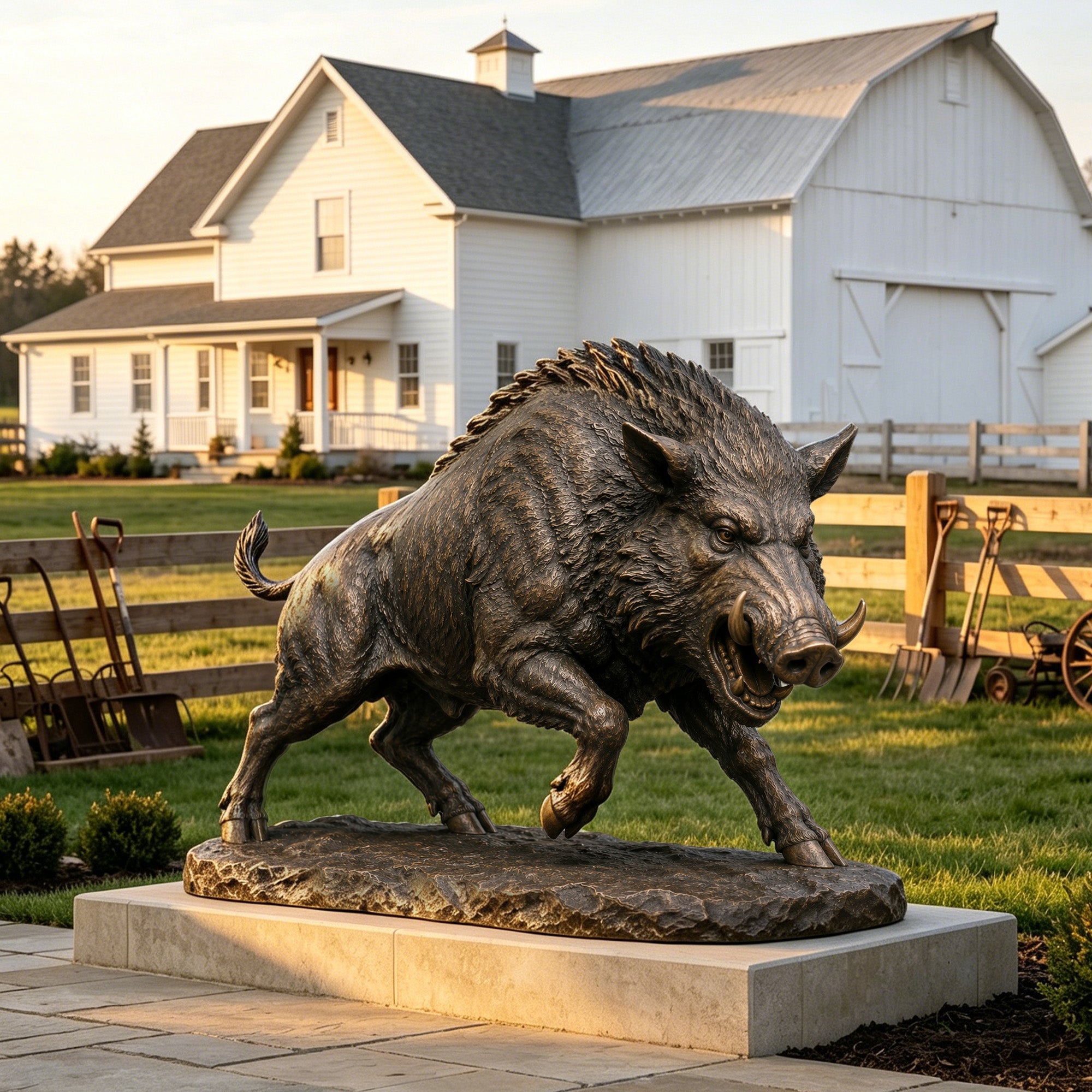 Front view of a dark bronze wild boar sculpture with textured bristles and curved tusks, set against a rustic white barn and wooden fence on a country farm.