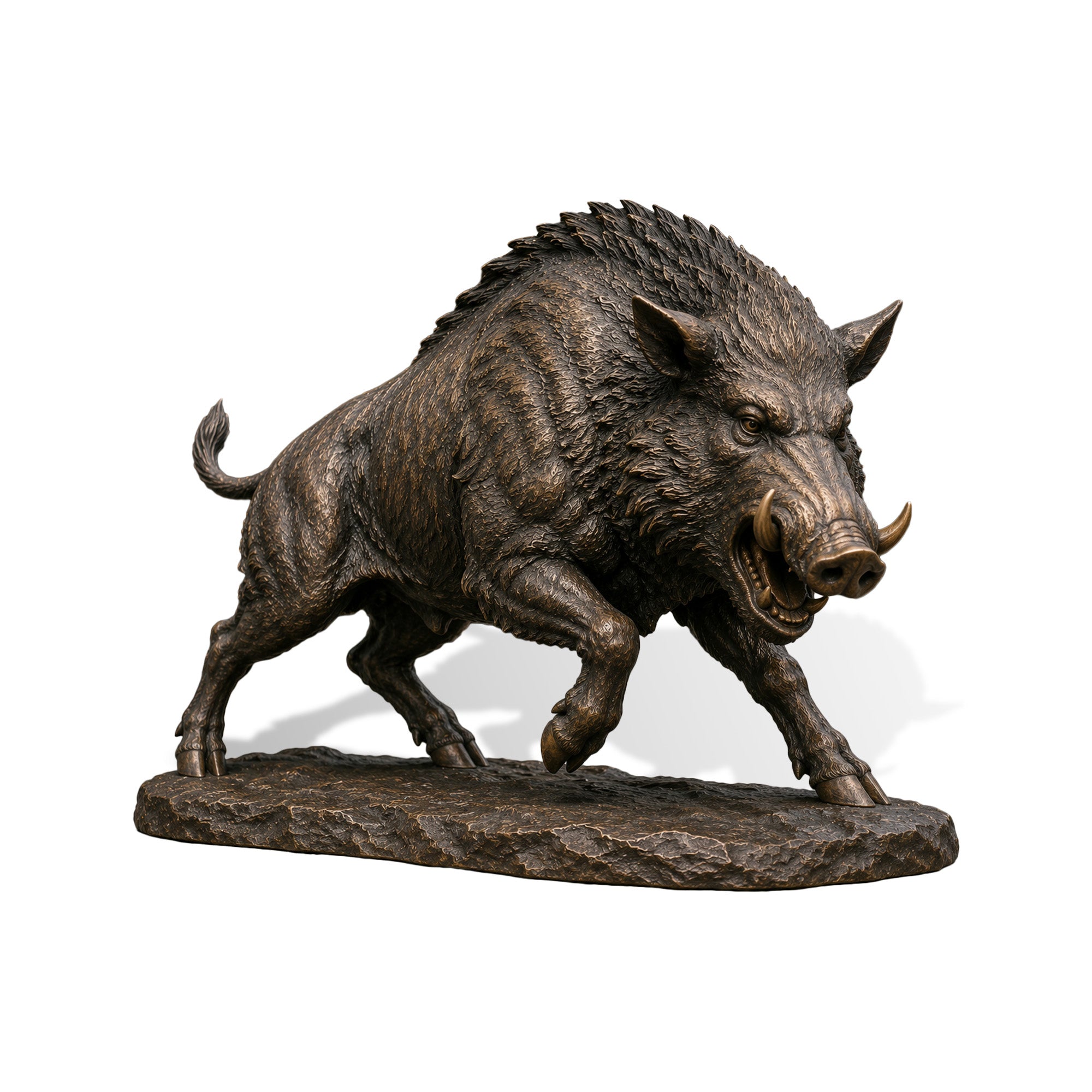 Front view of a dark antique bronze wild boar sculpture with textured bristles, sharp curved tusks, and an aggressive forward-charging stance.