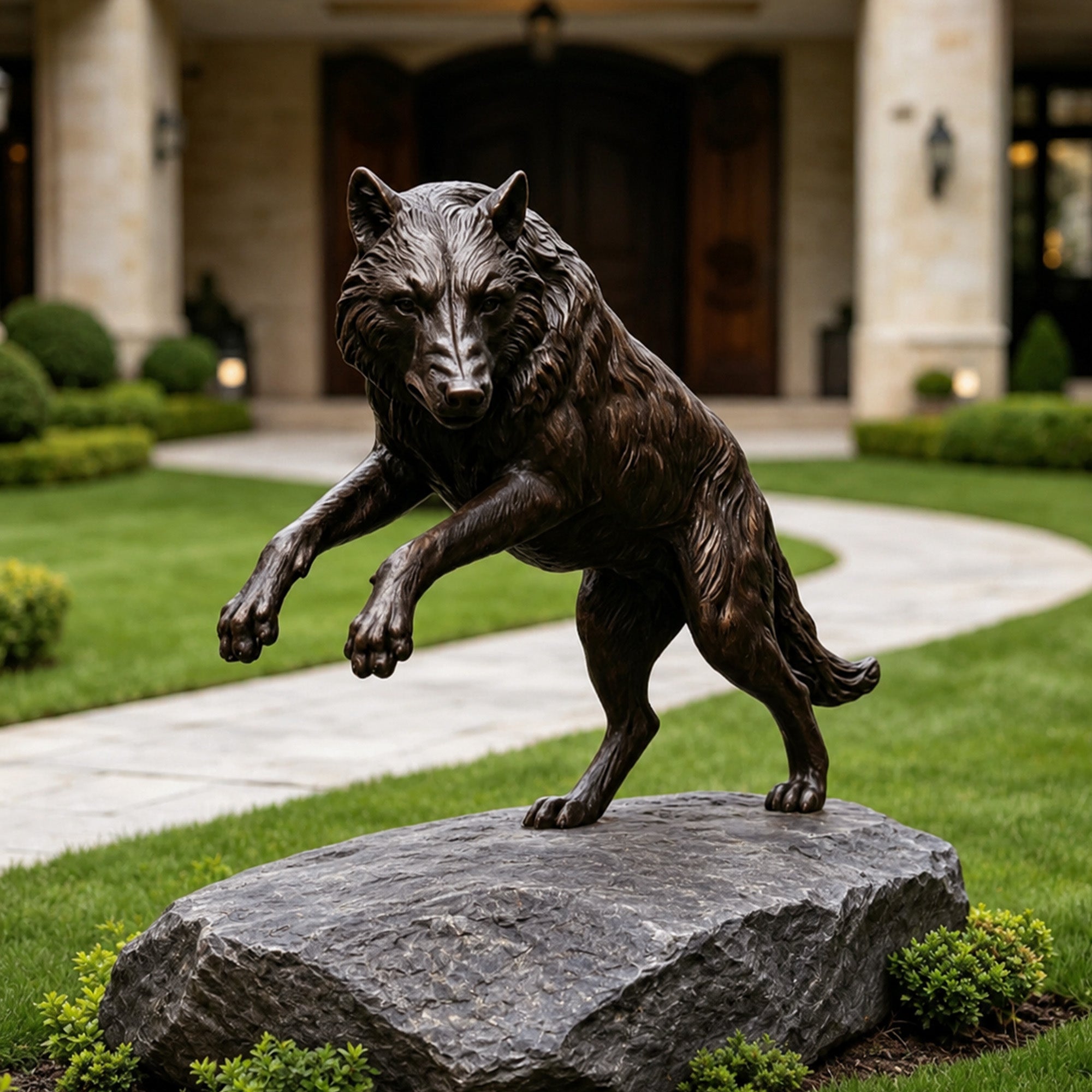 Bronze wolf garden statue displayed on a stone base outdoors, featuring lifelike jumping posture, detailed fur carving, and elegant landscape decoration.