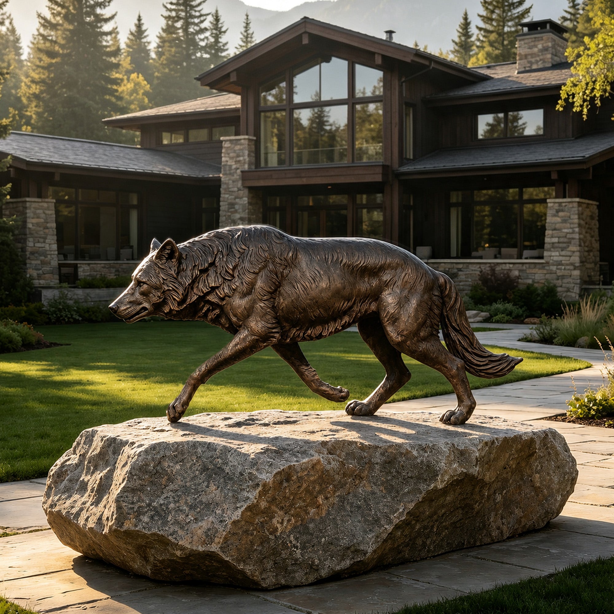 Realistic bronze wolf garden sculpture displayed outdoors on a stone base, featuring lifelike walking posture, detailed fur carving, and elegant landscape decoration.