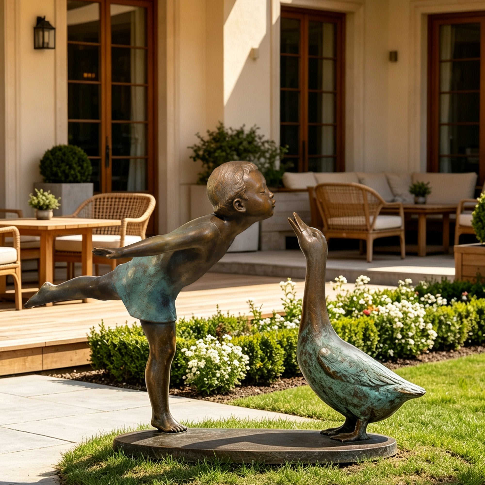 Bronze kids and goose sculpture installed in a garden landscape, showing a heartwarming friendship scene with textured copper surface and artistic craftsmanship.