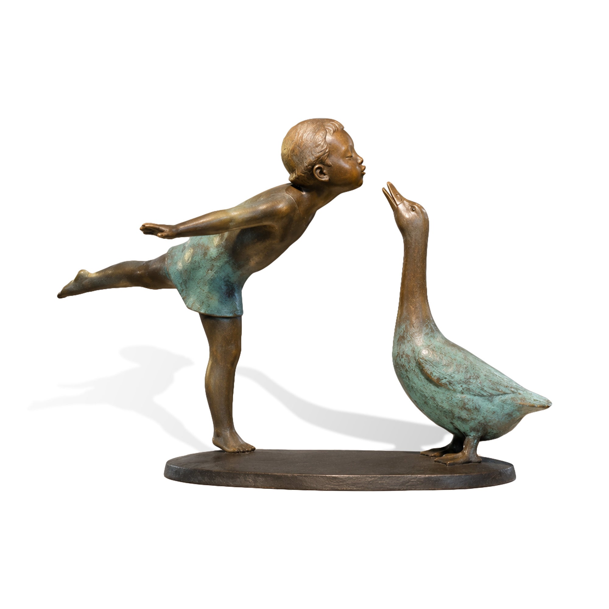 Bronze child kissing goose sculpture with a charming interaction design, detailed human figure and bird form, handcrafted outdoor decorative art statue.