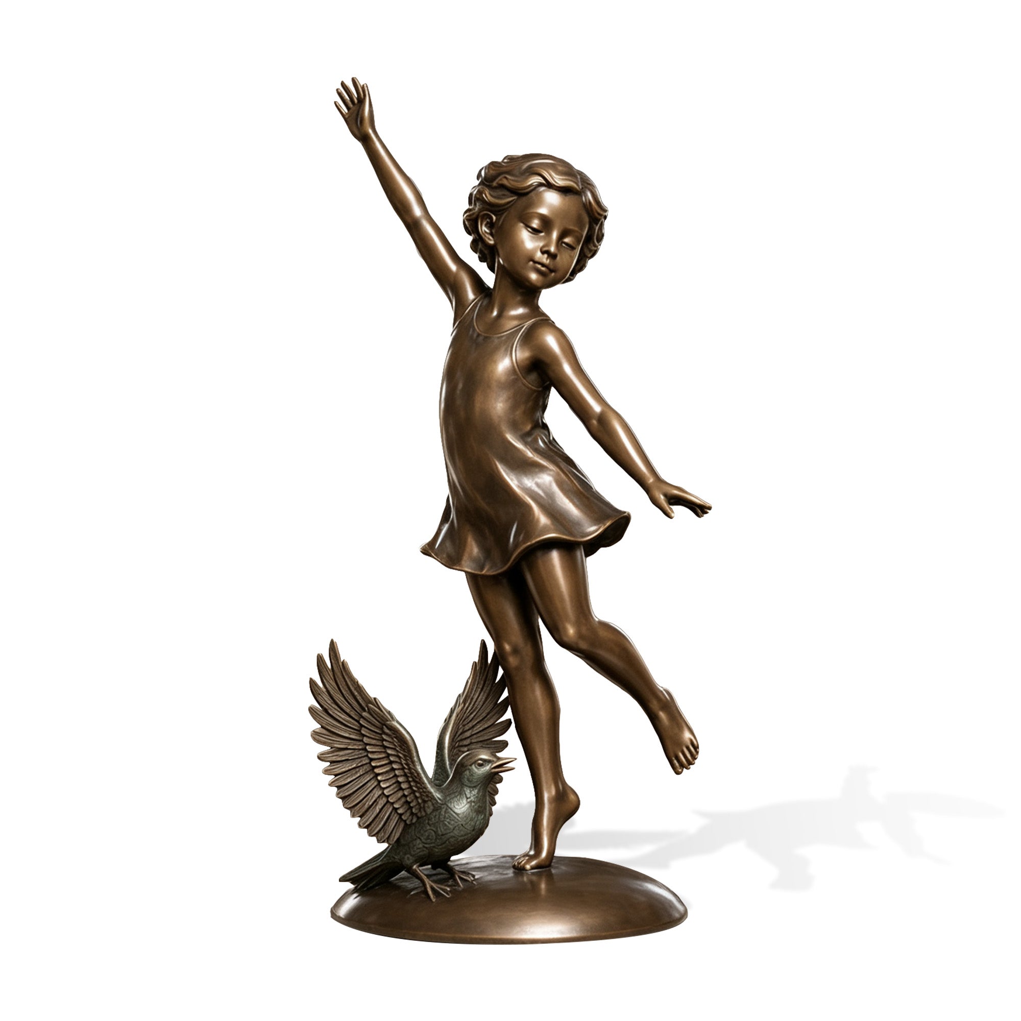 Handcrafted bronze dancing girl and bird sculpture with realistic details, elegant child figure balancing on one foot beside a flying bird with antique patina surface.