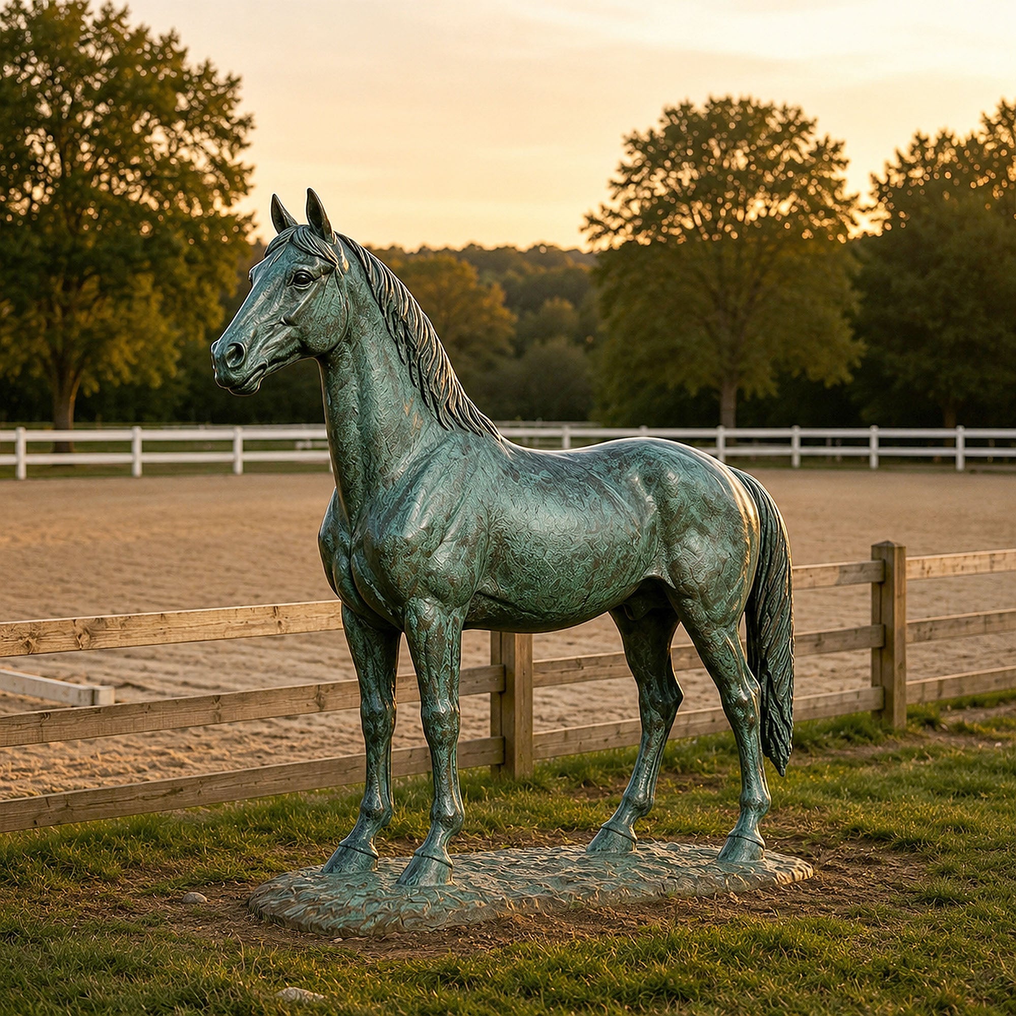 Outdoor bronze horse statue with green patina finish, featuring a realistic standing horse sculpture with detailed mane, muscular body, and elegant pose in a landscaped setting.