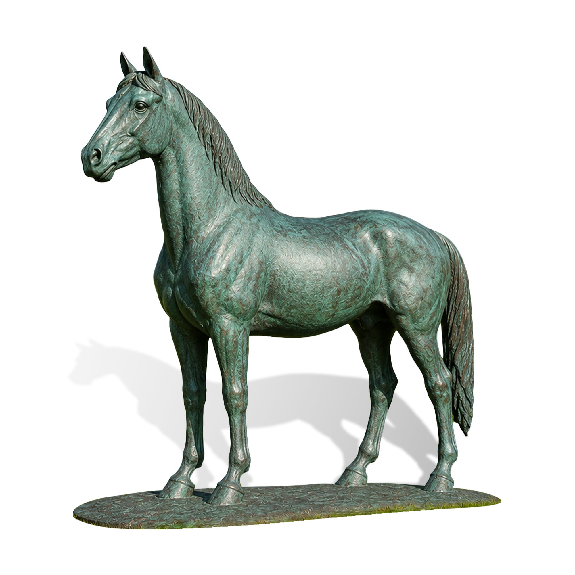 Realistic bronze horse sculpture with aged patina surface, showing a standing equine figure with detailed mane, facial features, legs, and handcrafted outdoor art design.