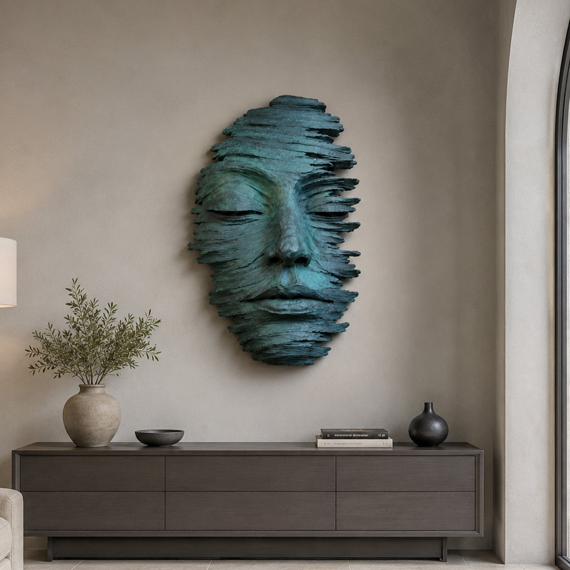 Abstract bronze face wall sculpture with blue green patina finish, featuring a layered textured human face design mounted on a modern interior wall as contemporary art decor.