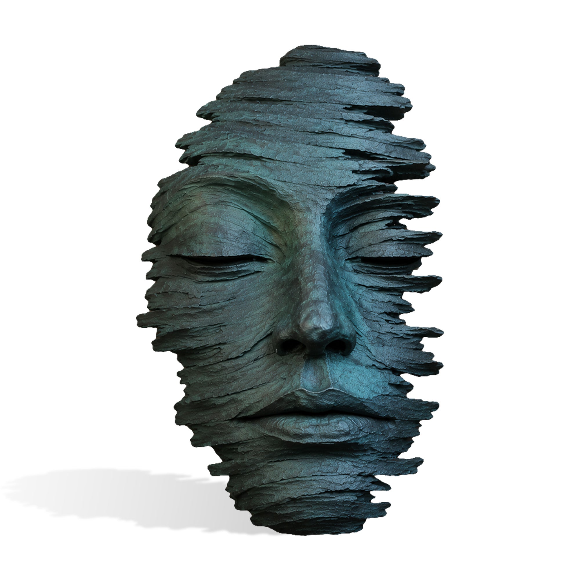 Contemporary bronze human face wall sculpture with oxidized patina finish, showcasing closed eyes, layered metal texture, and handcrafted abstract facial details.