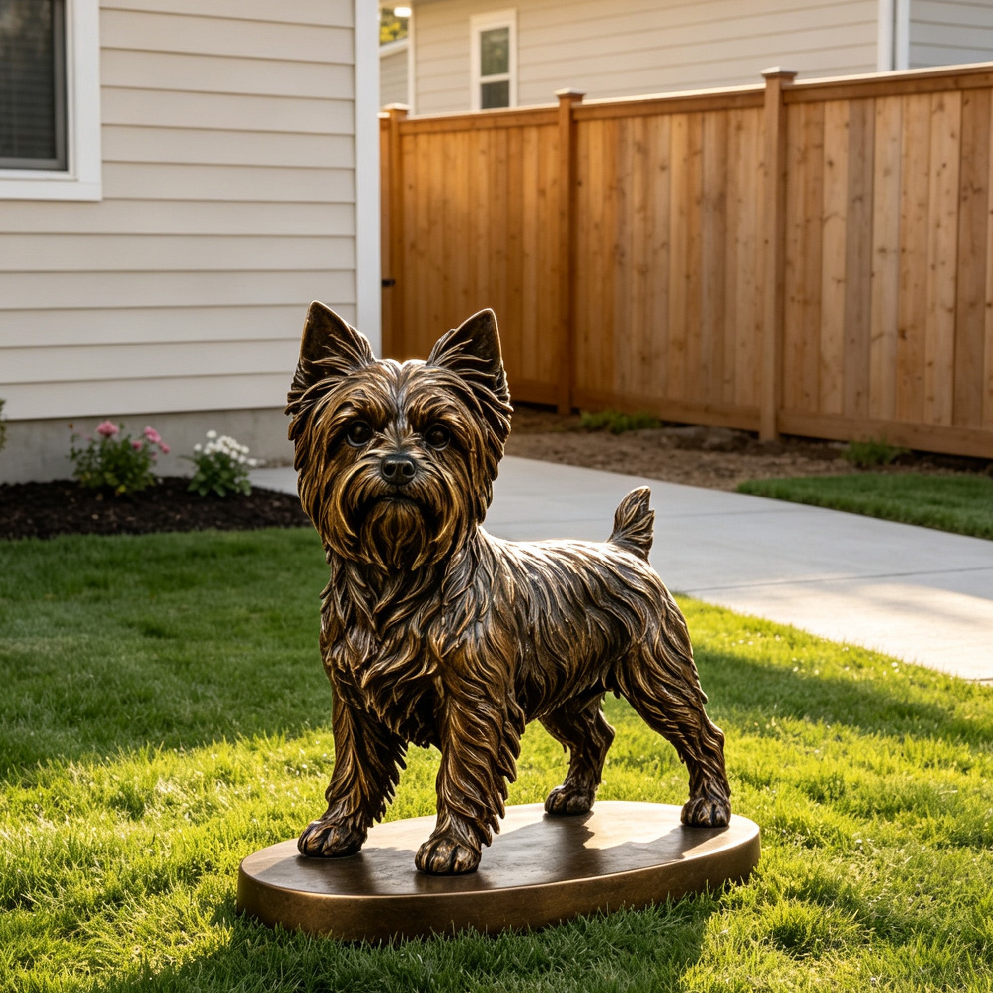 Bronze Yorkshire Terrier dog statue with antique bronze finish, featuring realistic fur texture, detailed facial expression, and a charming standing pose displayed in an outdoor garden setting.