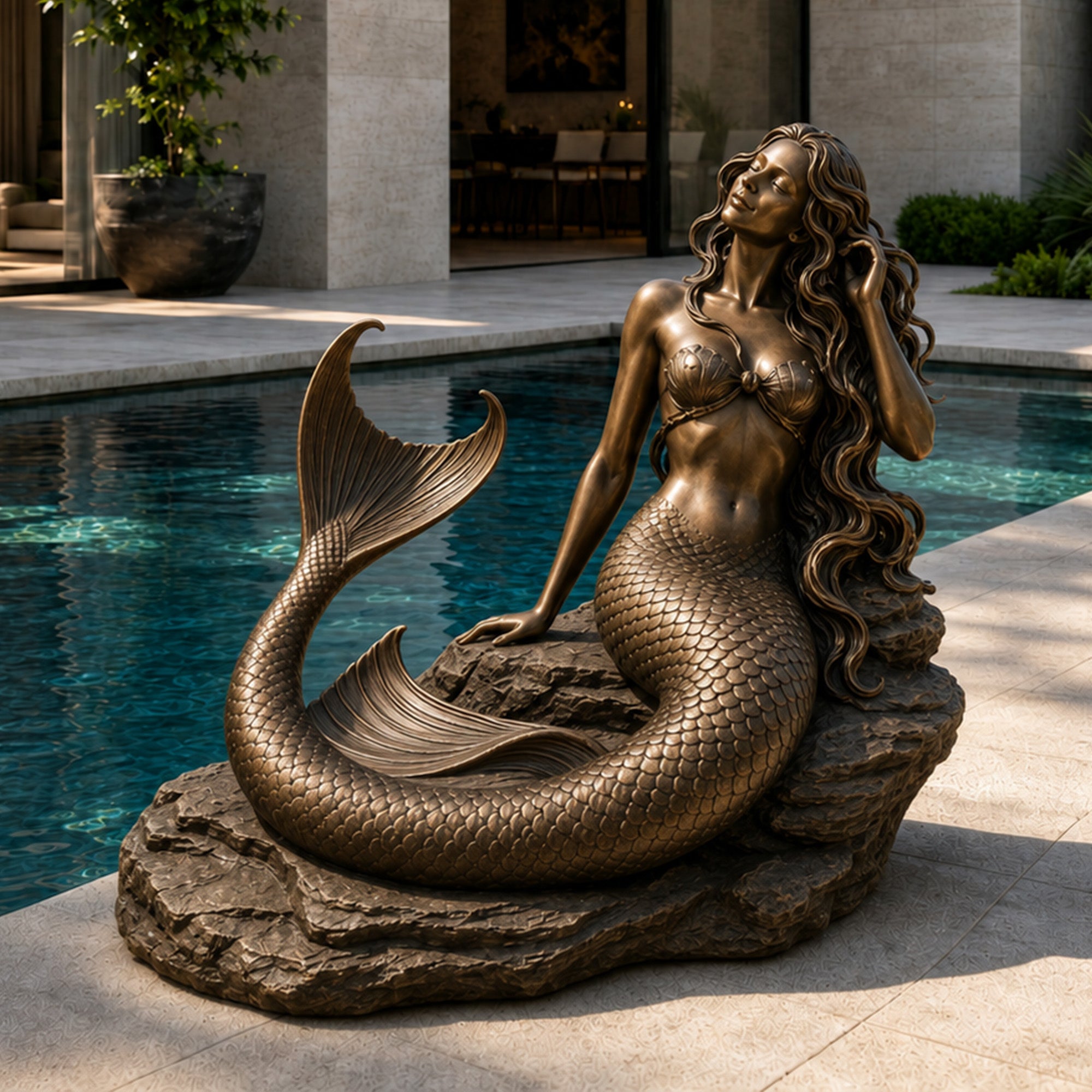 Bronze mermaid statue with antique bronze finish, featuring a graceful female figure with flowing hair, detailed fish scales, curved tail, and rock base displayed beside a luxury pool.