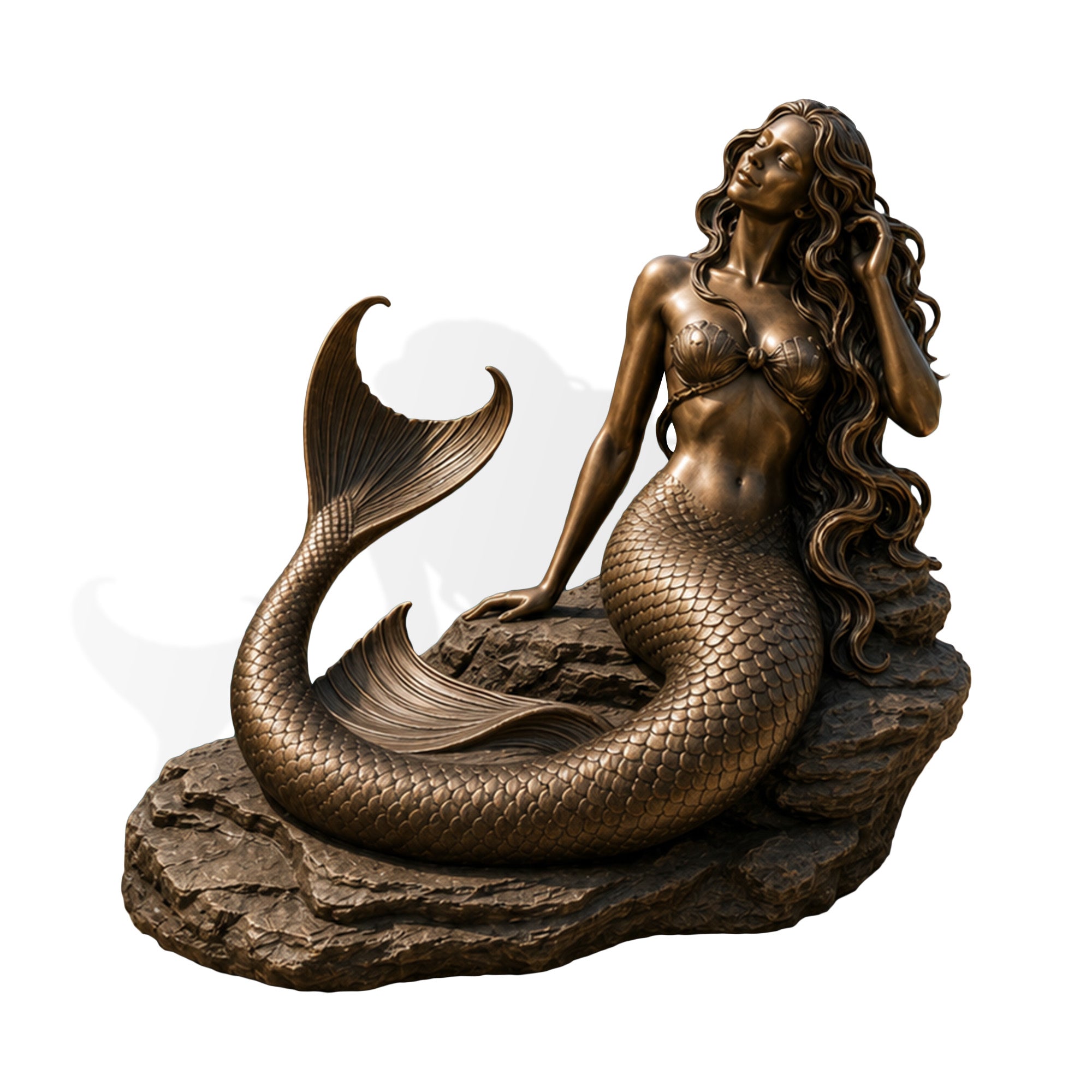 Realistic bronze mermaid sculpture with handcrafted details, showing a mythical sea maiden with long flowing hair, textured scales, elegant mermaid tail and antique patina finish.