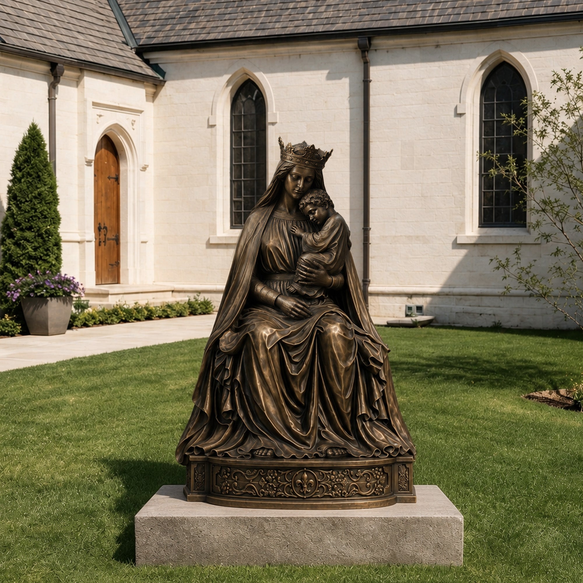 Outdoor bronze Madonna and Child sculpture with antique patina finish, showing Virgin Mary wearing a crown and holding baby Jesus on an ornate base near a church garden.