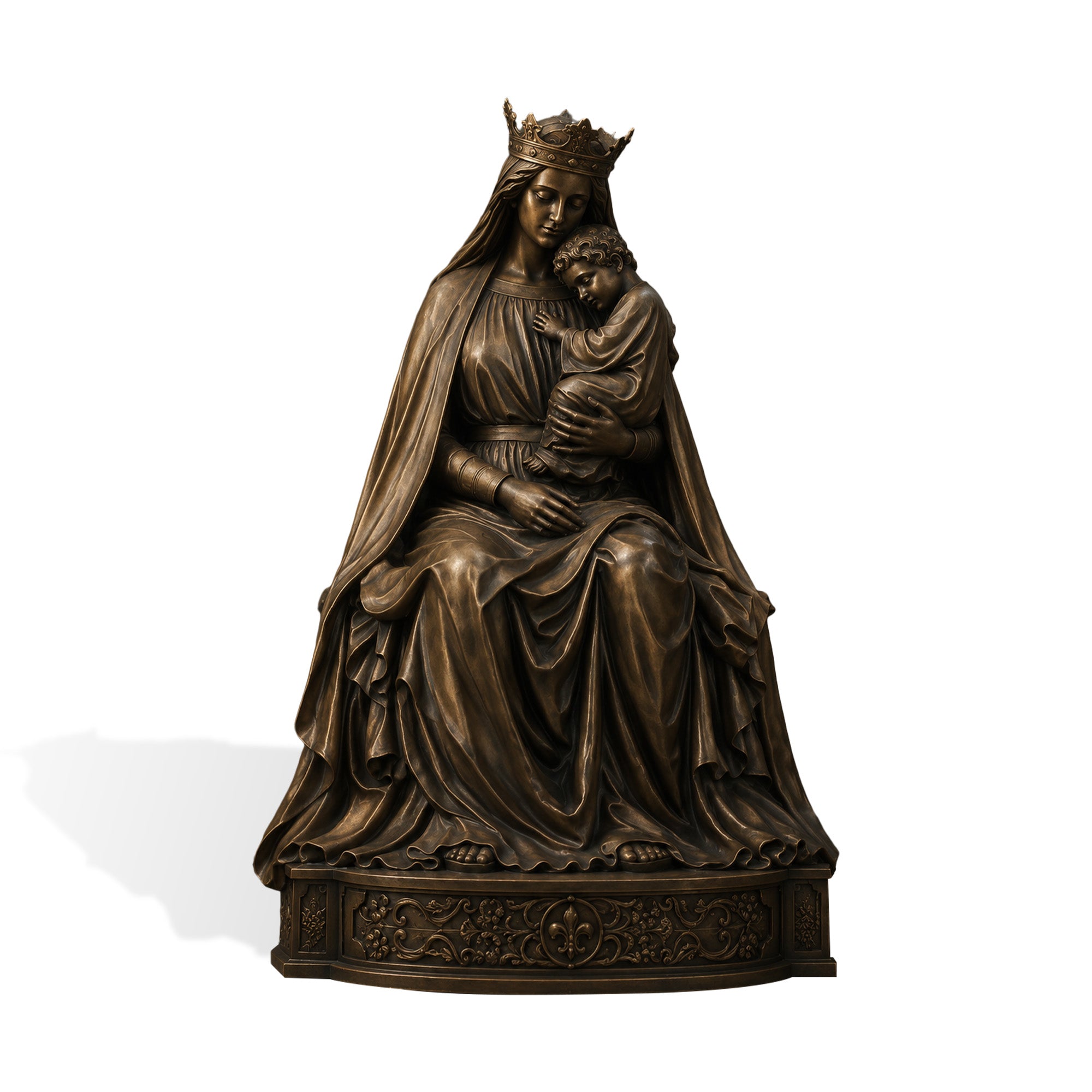 Bronze Virgin Mary and Child statue with antique bronze finish, featuring crowned Mary holding baby Jesus, detailed flowing robes, elegant facial expressions and decorative pedestal.