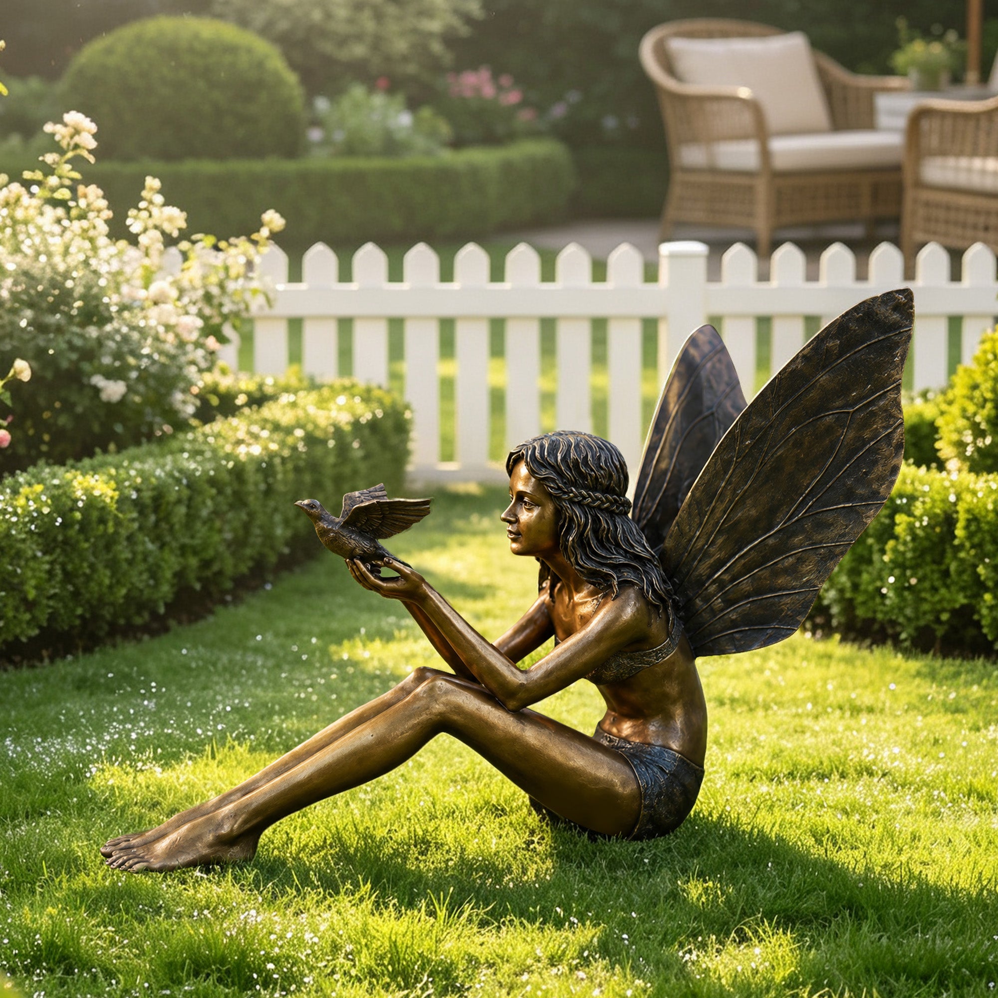 FINEST "Gentle Offering" Bronze Fairy with Bird Sculpture – Whimsical Garden Art for Magical Outdoor Spaces FB-331