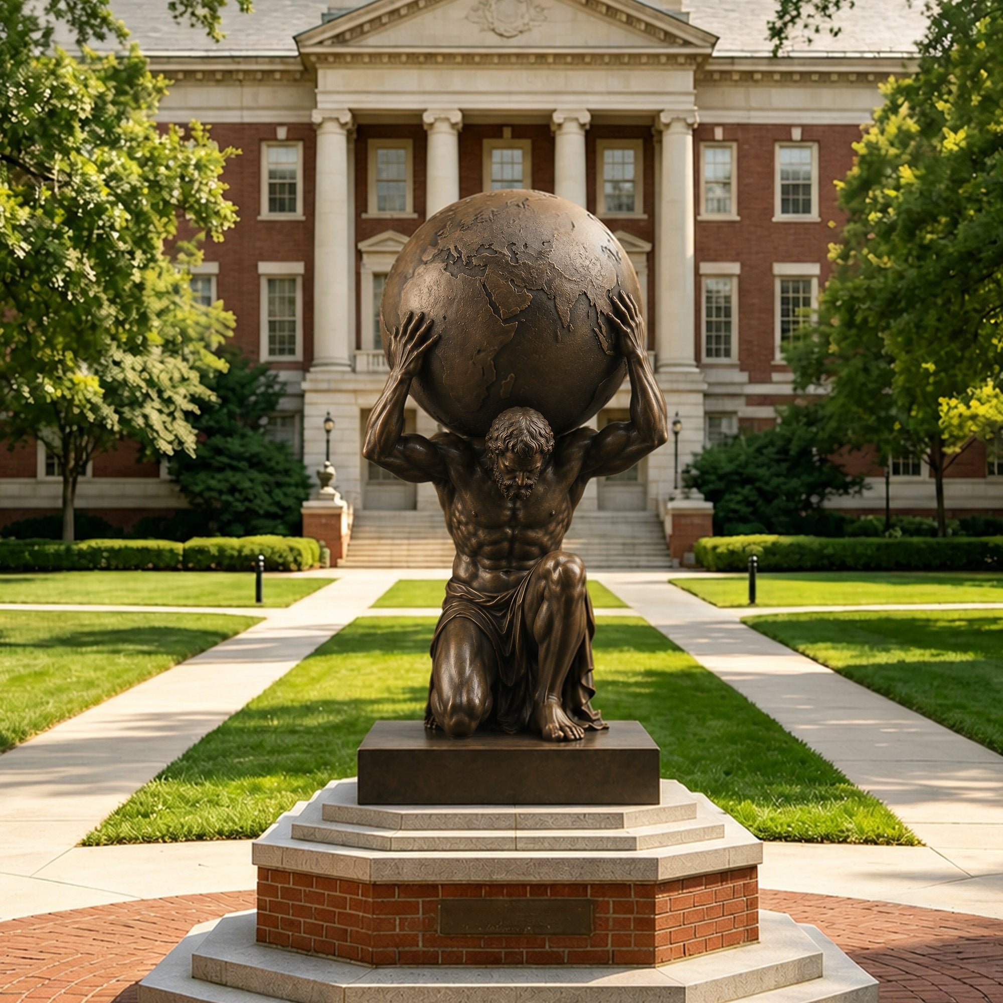 Outdoor bronze Atlas sculpture with antique patina finish, featuring the Greek Titan holding the earth globe on a pedestal in a landscaped public garden setting.