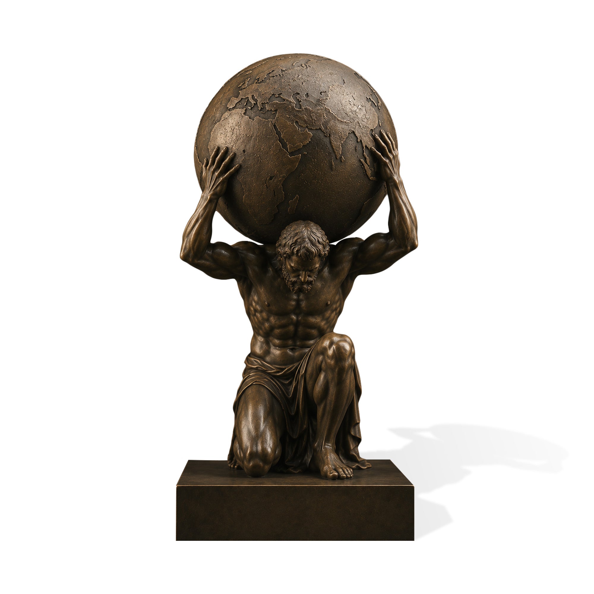 Bronze Atlas statue with antique bronze finish, depicting Greek Titan Atlas kneeling and holding a detailed world globe above his shoulders with muscular classical sculpture details.