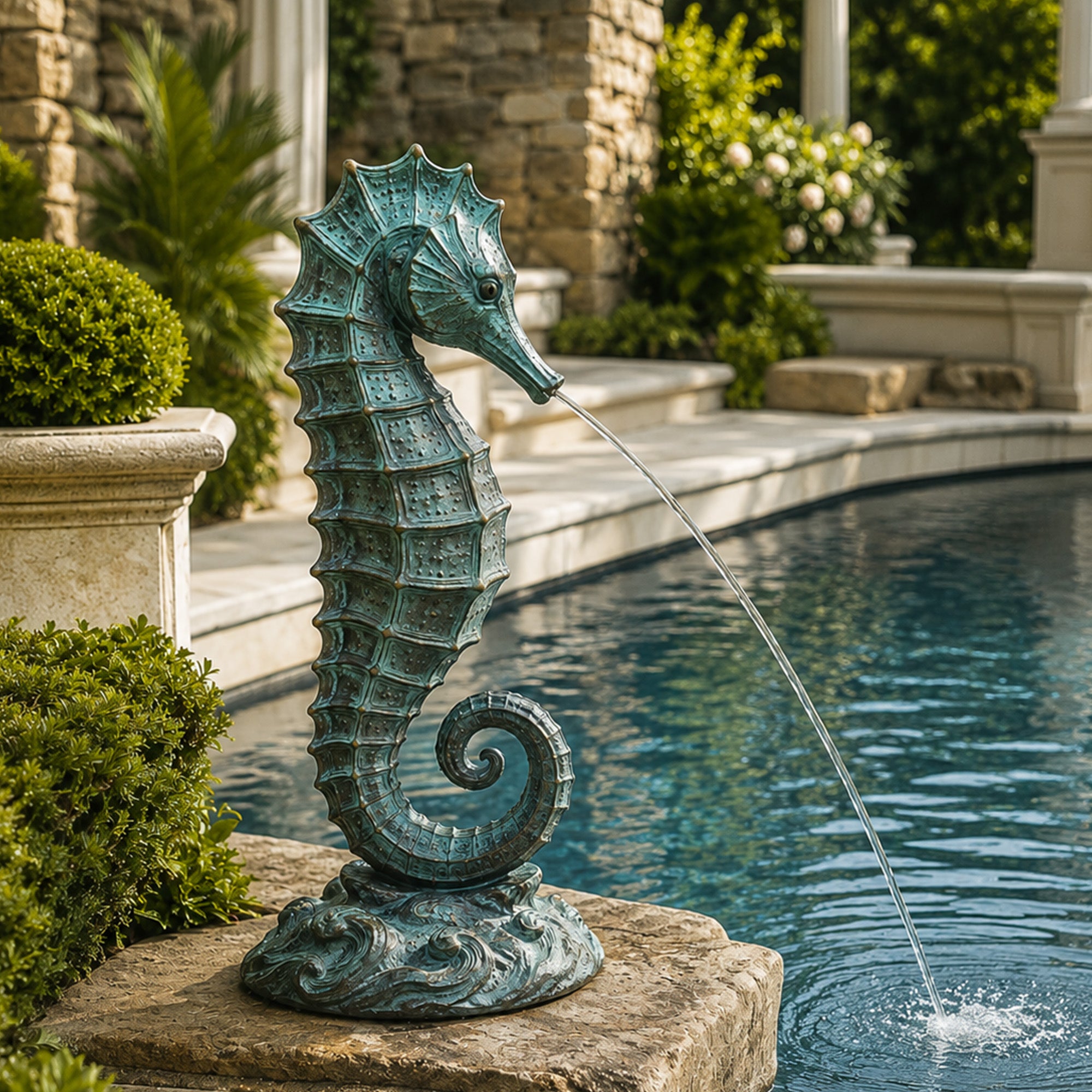 Antique bronze seahorse fountain sculpture with green patina finish, featuring a detailed ocean horse design spraying water into a pool with elegant garden landscape surroundings.