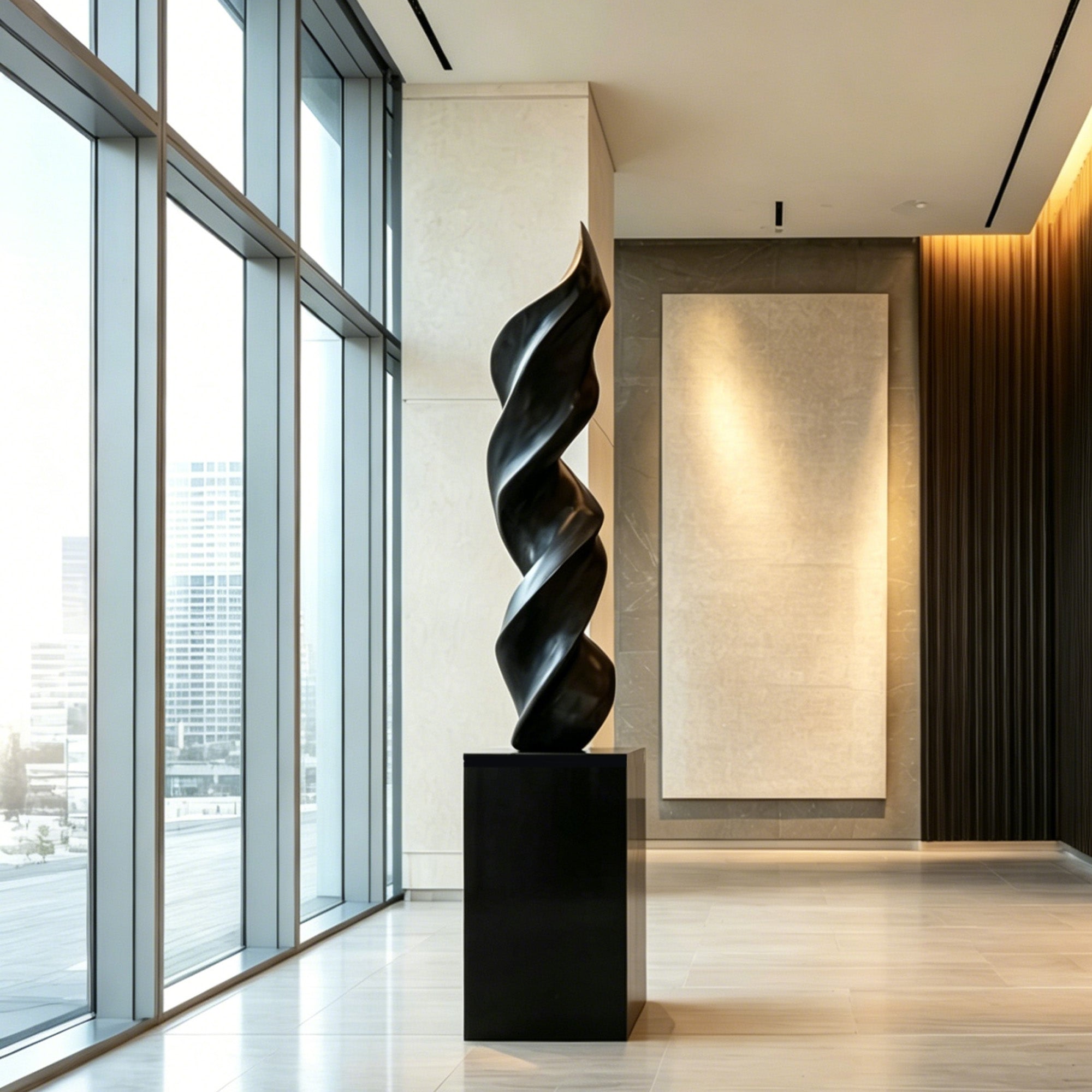 Contemporary spiral twist sculpture with polished black finish, showcased in a modern luxury lobby interior as an elegant statement art piece.