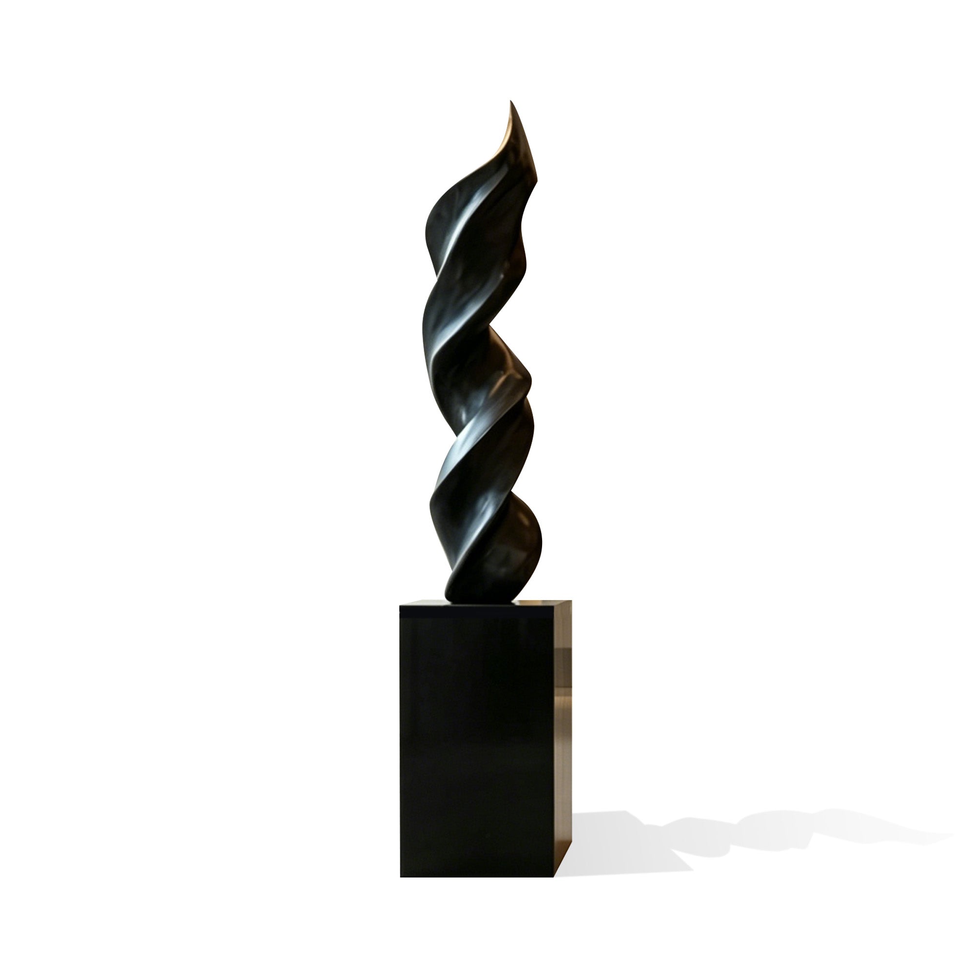 Modern abstract spiral sculpture with glossy black metal finish, featuring a smooth twisted geometric form displayed on a black pedestal for contemporary interior decoration.