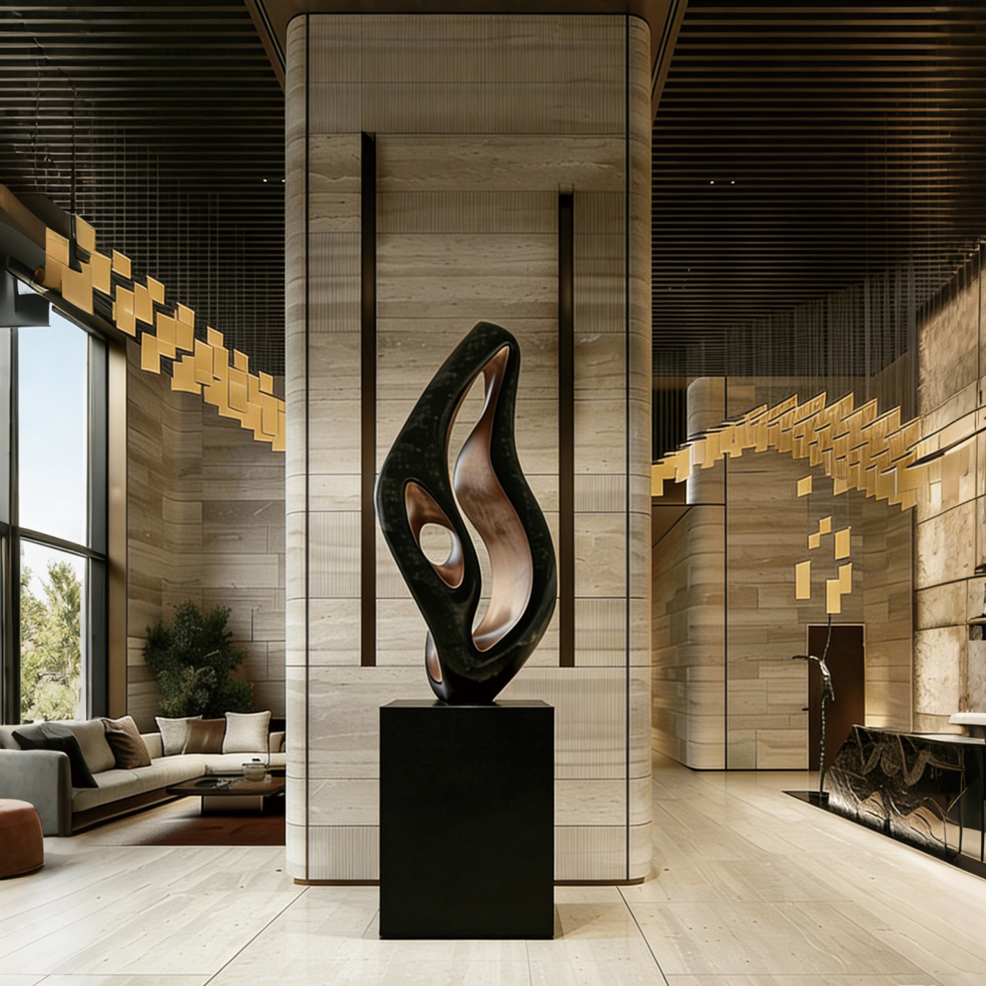 Contemporary abstract loop sculpture with polished black bronze finish, showcased in a luxury modern interior as an elegant statement artwork for architectural spaces.
