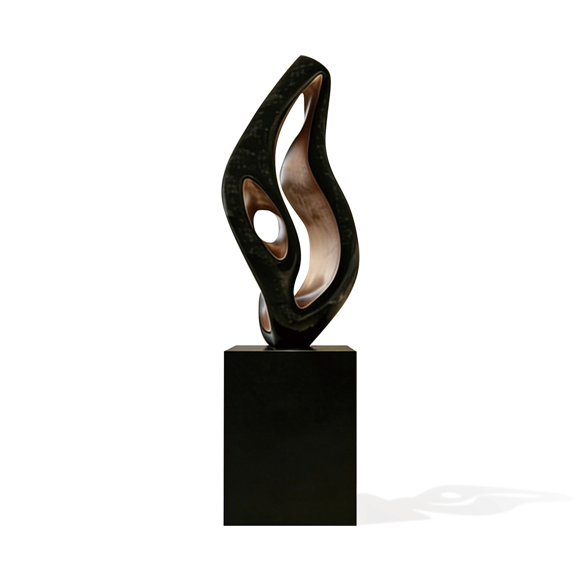 Modern abstract loop sculpture with black bronze finish, featuring a smooth organic curved form with open negative space design displayed on a minimalist pedestal.