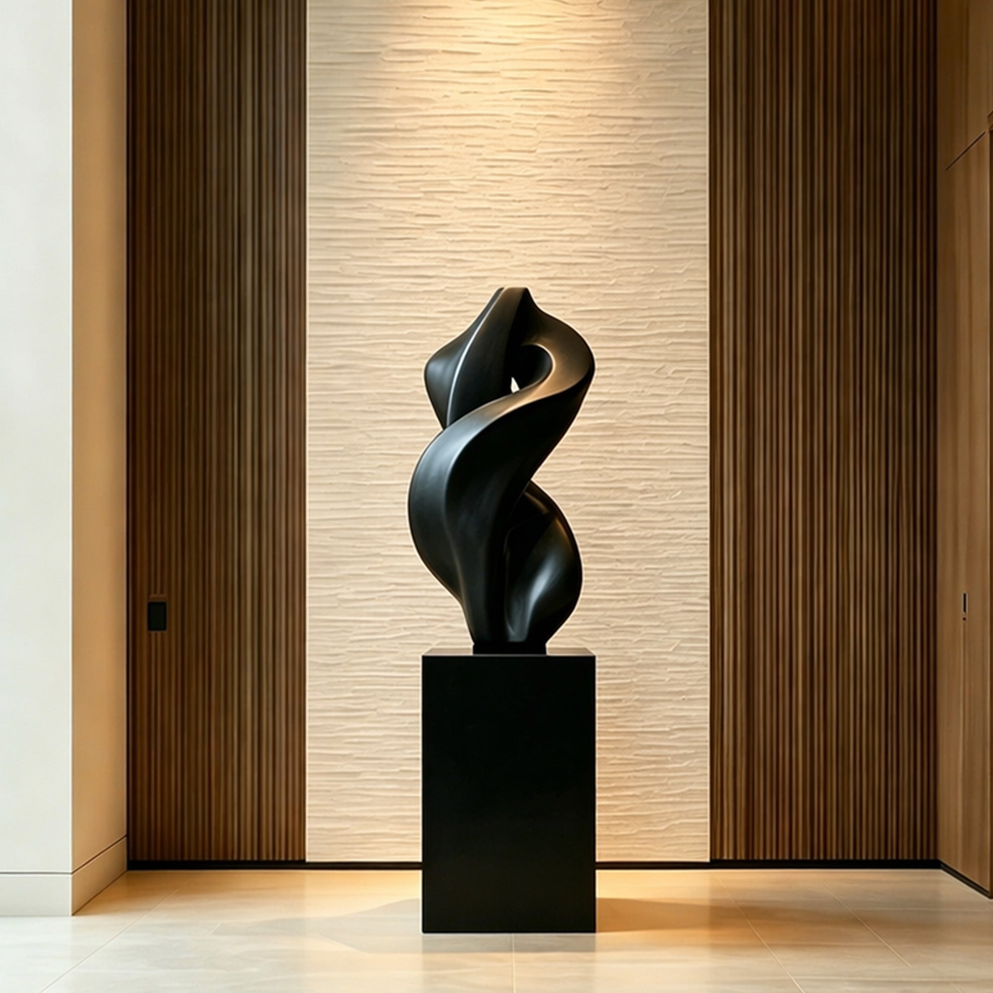 Modern twisted abstract sculpture with black metal finish, featuring a flowing spiral form and smooth curved surface displayed in a luxury contemporary interior lobby.