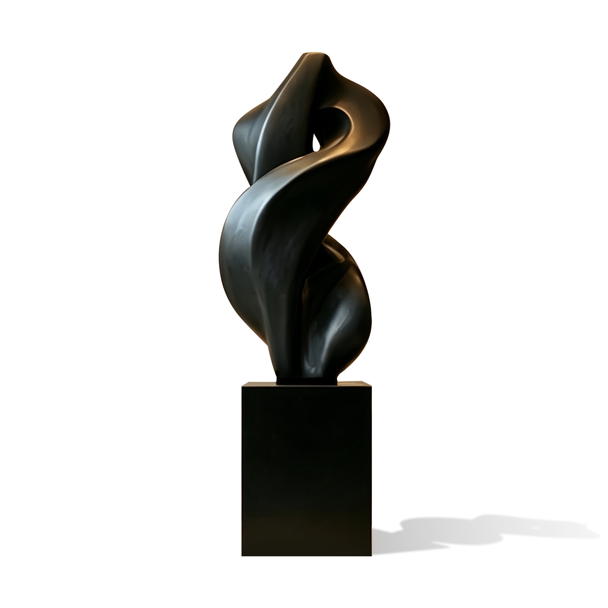 Contemporary spiral sculpture with black finish, showcasing an elegant twisted organic shape with smooth polished curves on a minimalist square pedestal.