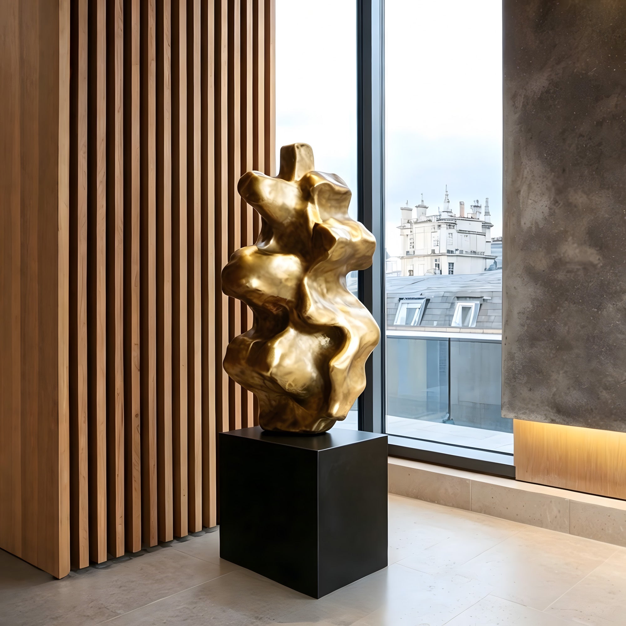 Modern gold abstract sculpture with organic flowing form and polished metallic finish, displayed on a black pedestal in a luxury contemporary interior space.