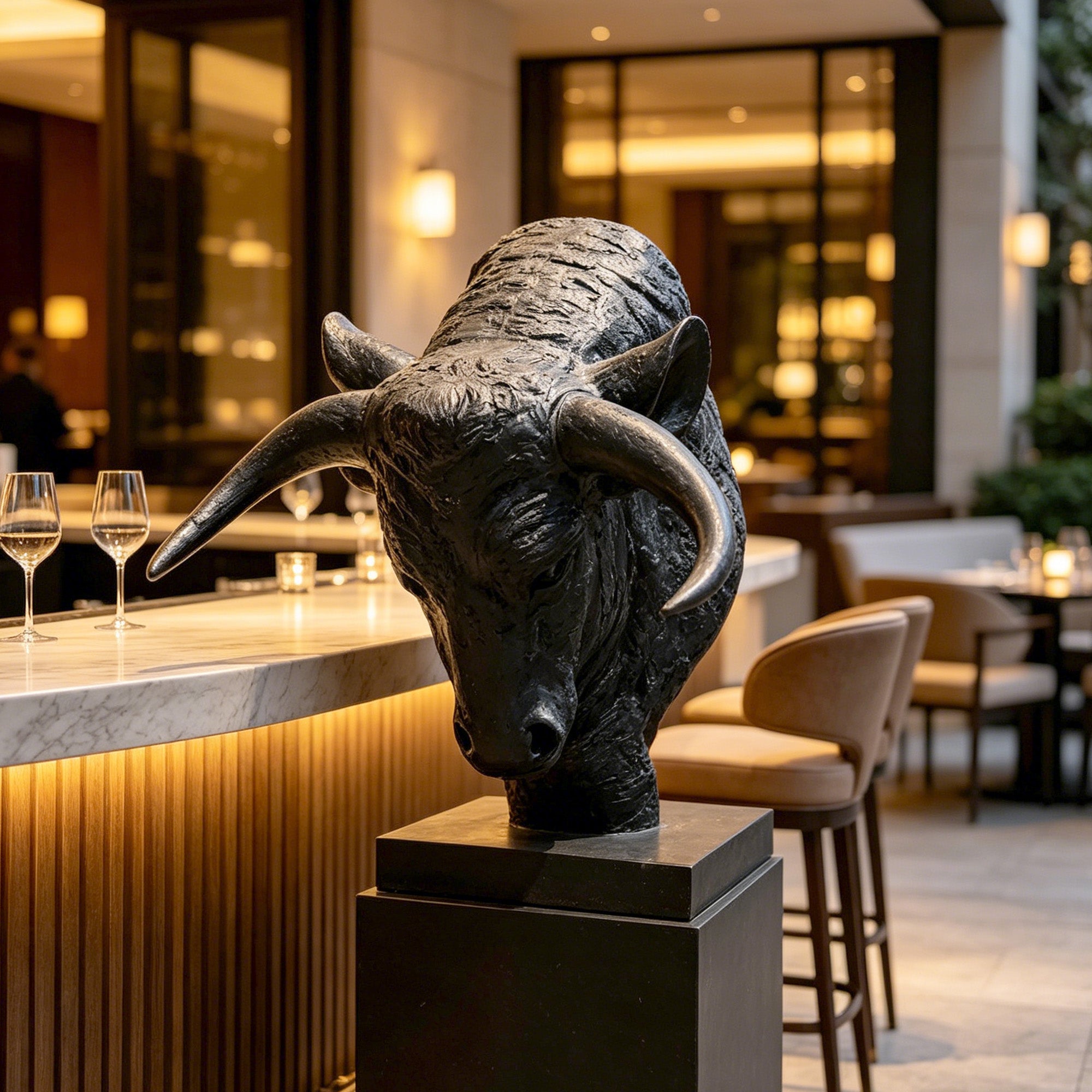 Black patina bull head sculpture displayed in a modern interior space, showing detailed horns, animal texture and luxury decorative artwork style.