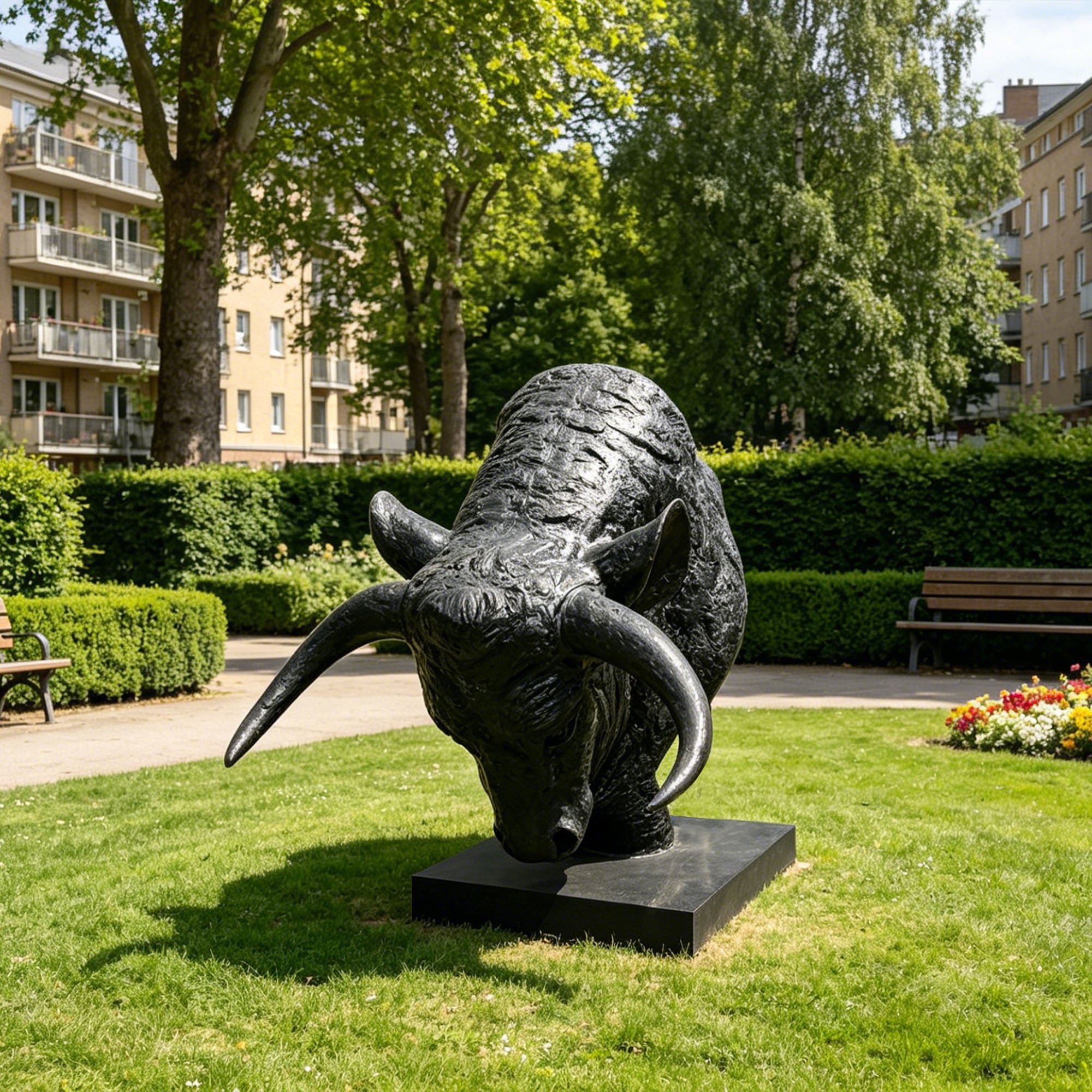Black bronze bull head sculpture displayed in a garden, featuring powerful curved horns, textured surface details and contemporary outdoor art design.