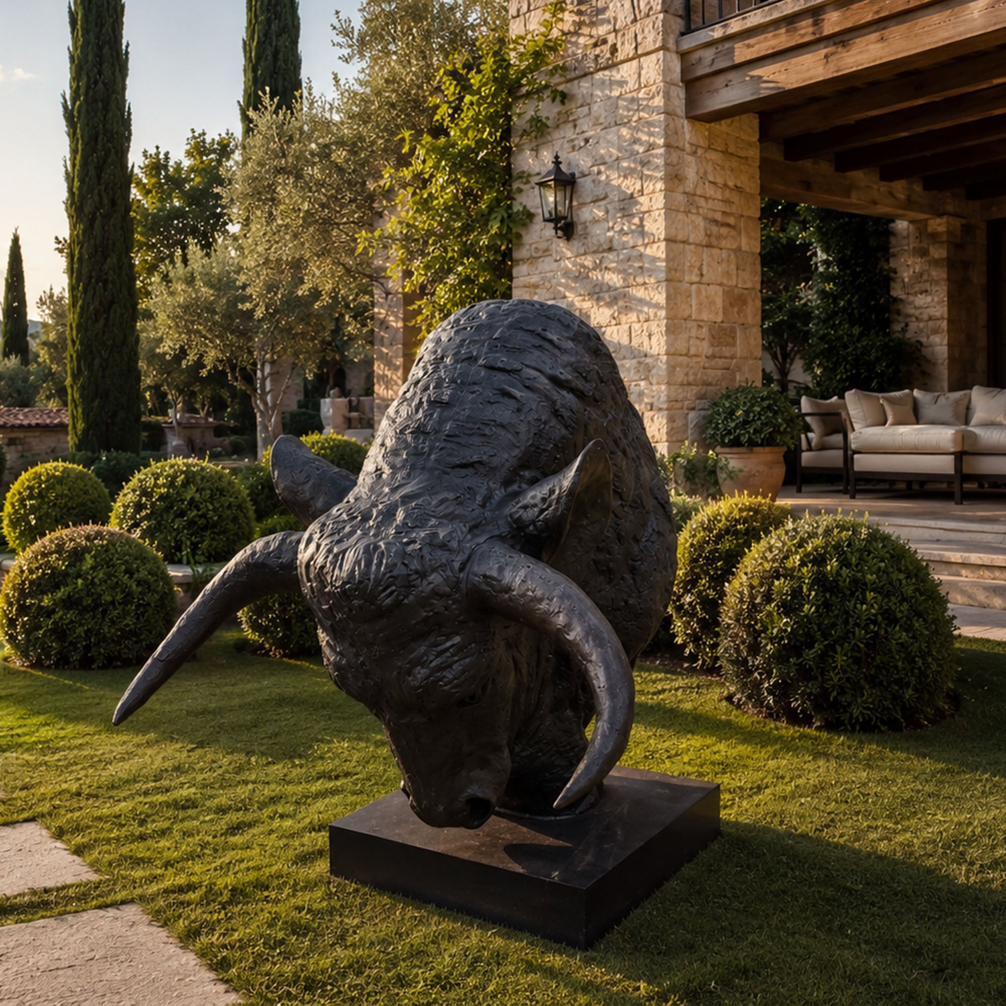 Black bull head garden sculpture placed in a luxury landscape setting, creating a bold outdoor focal point with contemporary artistic style.