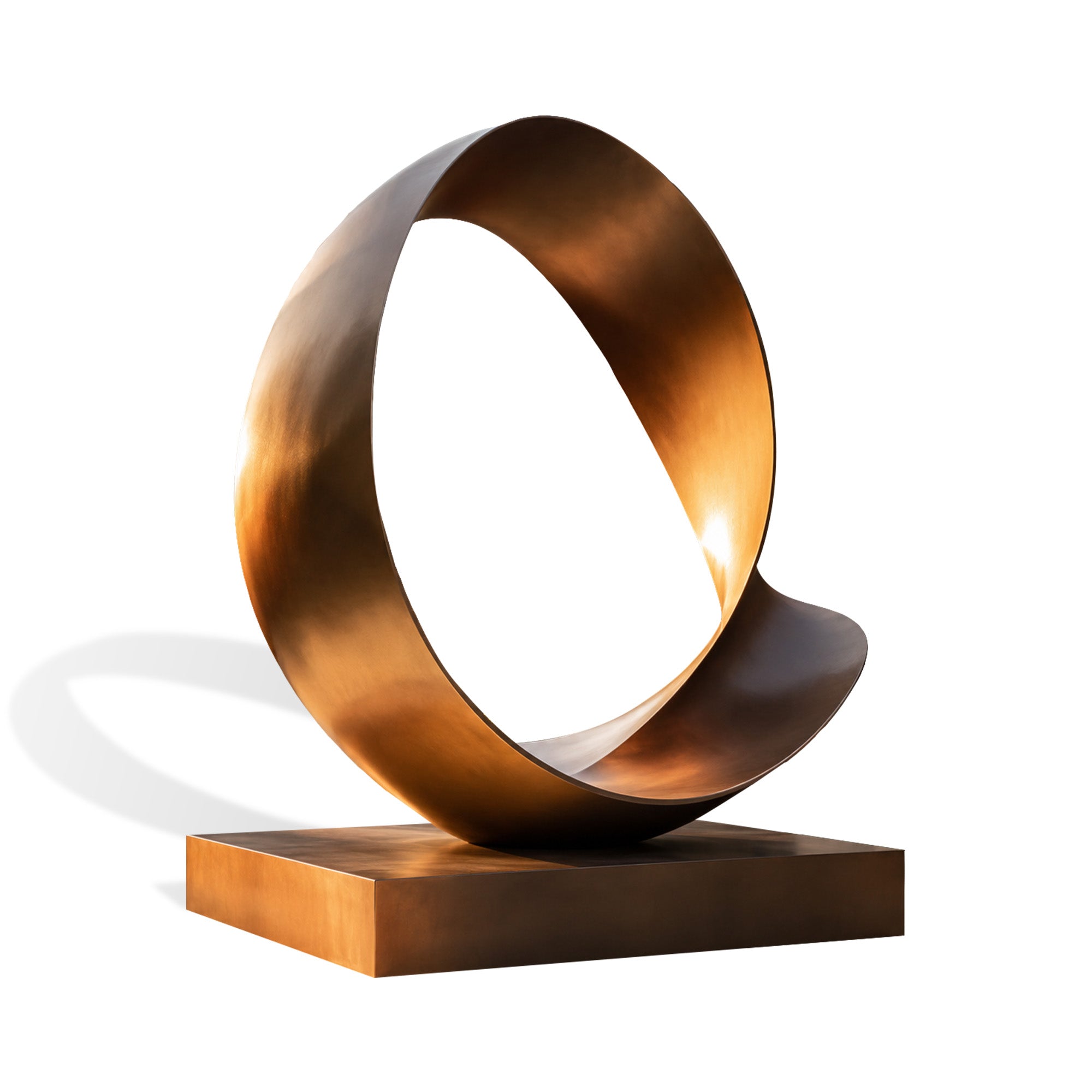 Abstract bronze ring sculpture with elegant circular shape, smooth surface texture and rich bronze finish, designed as a contemporary outdoor and indoor metal artwork.