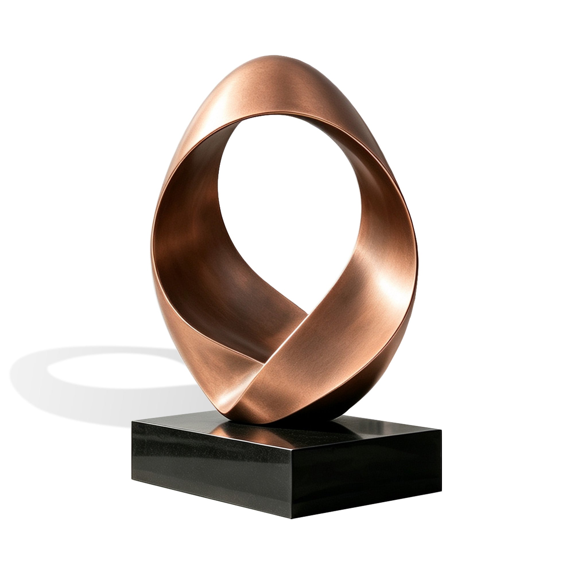 Abstract bronze loop sculpture with a flowing circular form, smooth curved surface and warm bronze finish, displayed on a black base for modern art decoration.