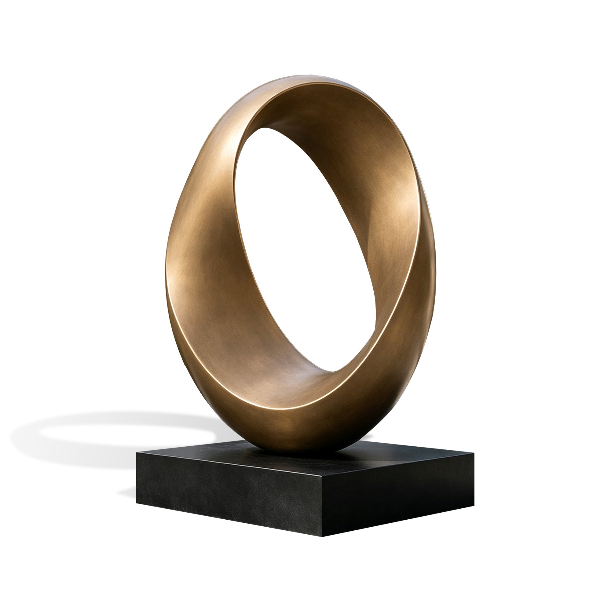Abstract bronze oval loop sculpture with smooth flowing curves, elegant hollow design and warm bronze finish, displayed on a black base for contemporary art decoration.