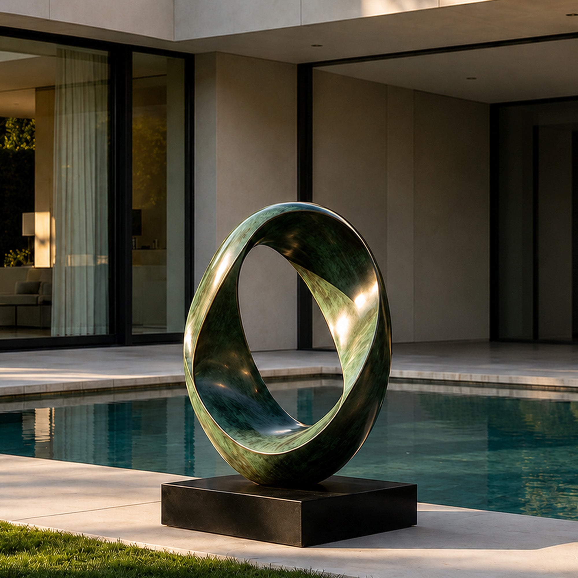 Green patina bronze loop sculpture displayed beside a luxury pool, featuring smooth abstract curves, handcrafted bronze finish and contemporary outdoor art design.