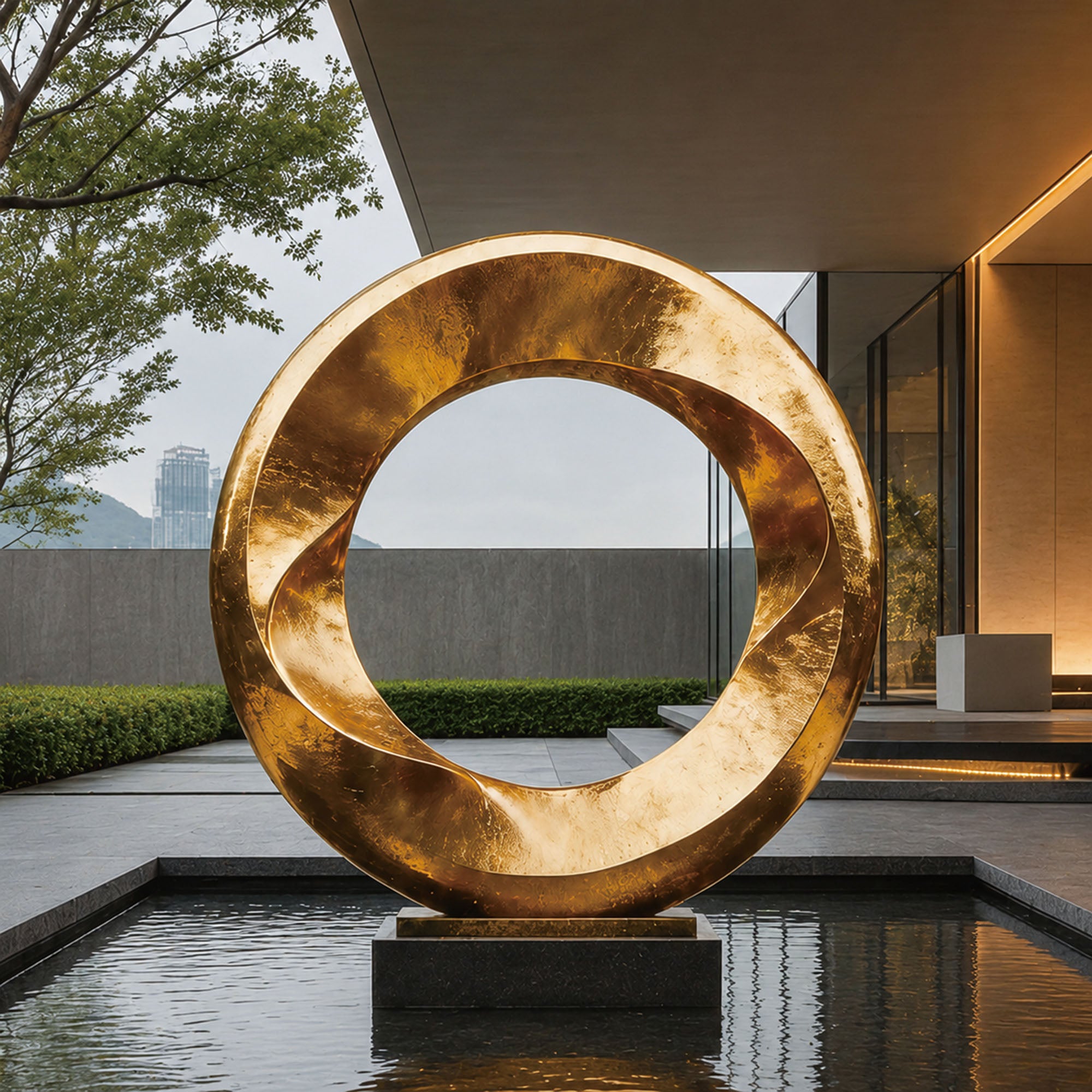 Golden bronze circular sculpture displayed in a luxury courtyard water feature, featuring abstract curved form, handcrafted texture and polished bronze finish for outdoor art.