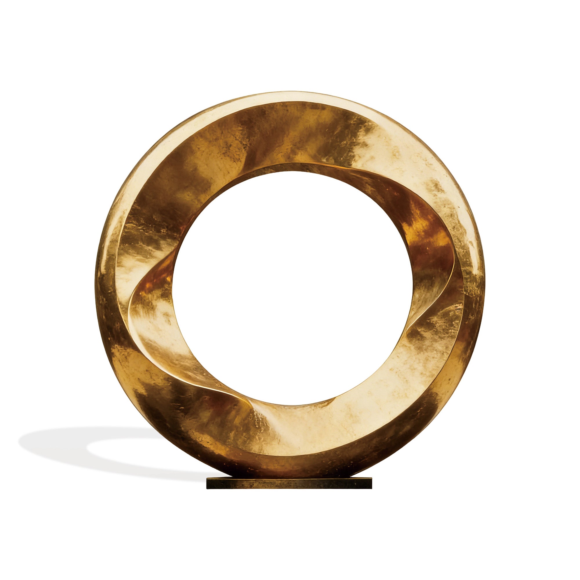 Abstract golden bronze ring sculpture with flowing circular design, artistic hollow form and handcrafted bronze surface, showcasing a luxurious metallic finish for contemporary spaces.