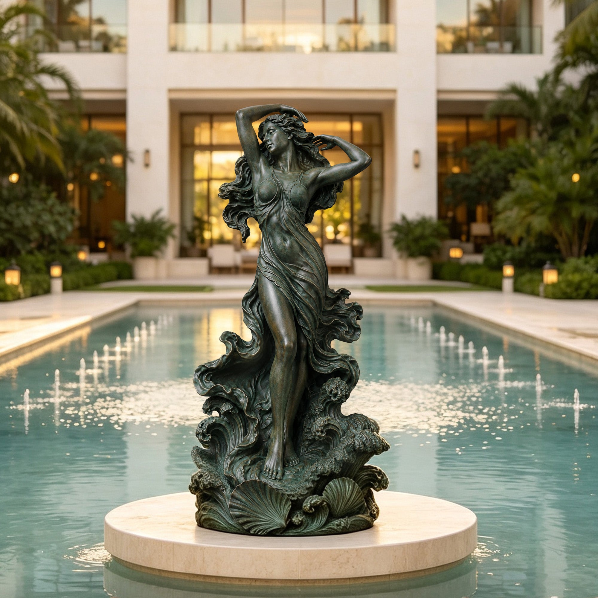 Bronze female figure sculpture displayed in a luxury pool fountain, featuring elegant flowing details, classical human form and handcrafted green patina bronze finish.