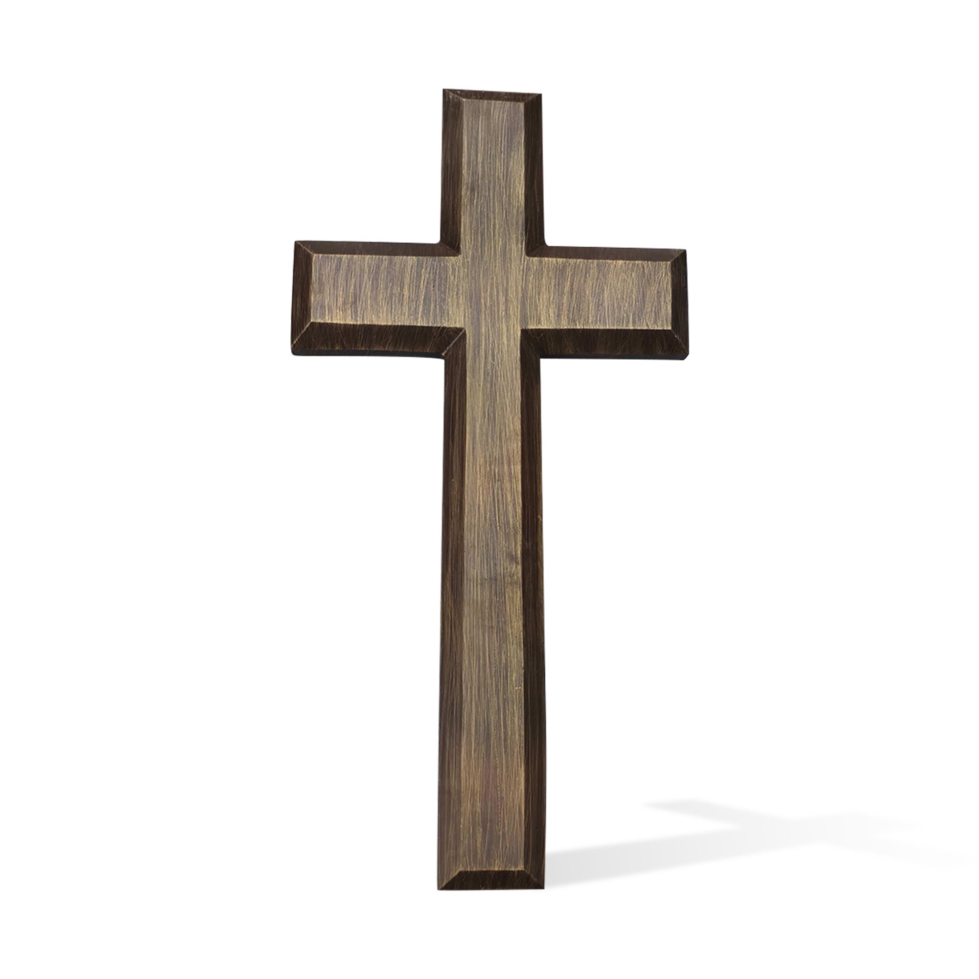 Minimalist bronze cross statue with contemporary geometric style, smooth handcrafted details and dark brown antique bronze finish for memorial and garden spaces.