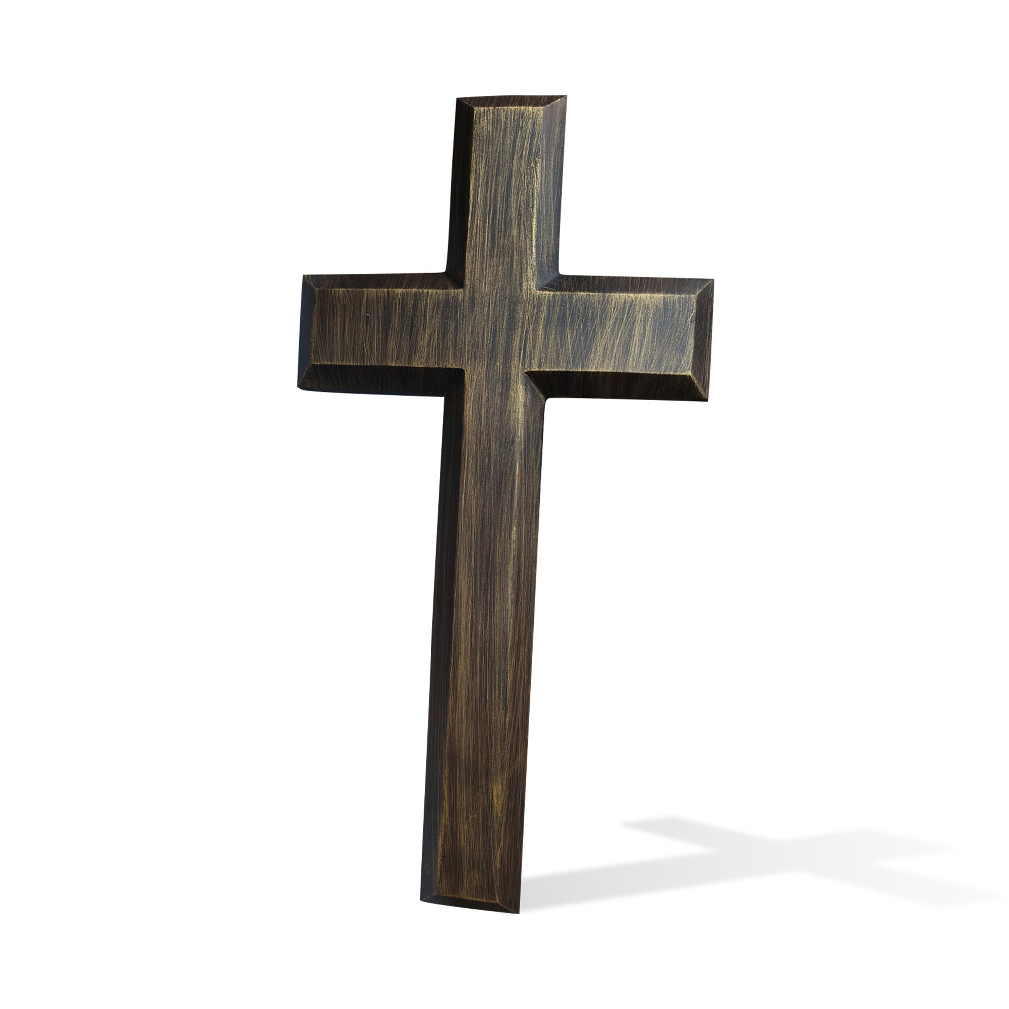 Modern bronze cross sculpture with clean geometric design, handcrafted surface texture and dark antique bronze finish, displayed as a contemporary religious outdoor artwork.