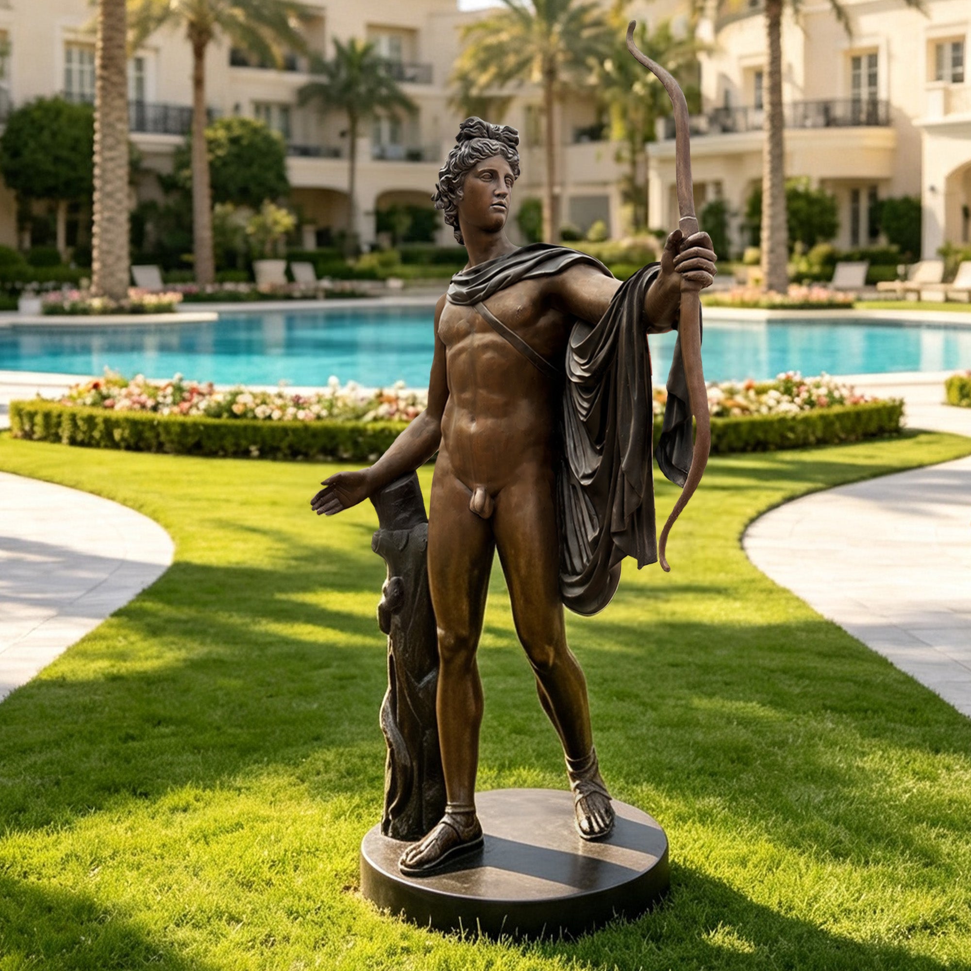 Outdoor bronze archer sculpture displayed in a luxury garden setting, featuring classical Greek figure design, bow, detailed drapery and durable antique bronze finish.