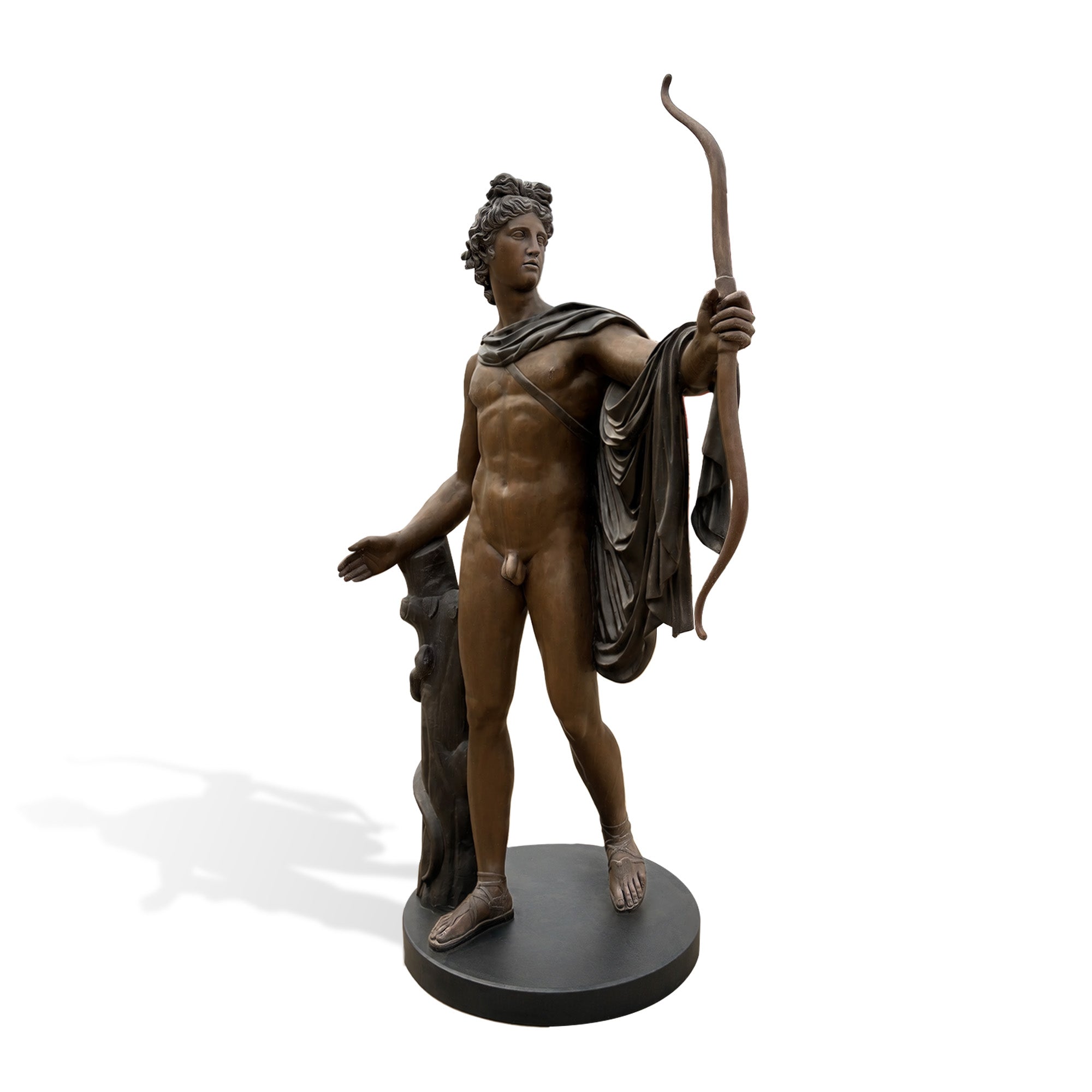 Classical bronze archer statue with bow and quiver, inspired by Greek mythology, showing detailed muscles, flowing fabric and handcrafted bronze sculpture finish.