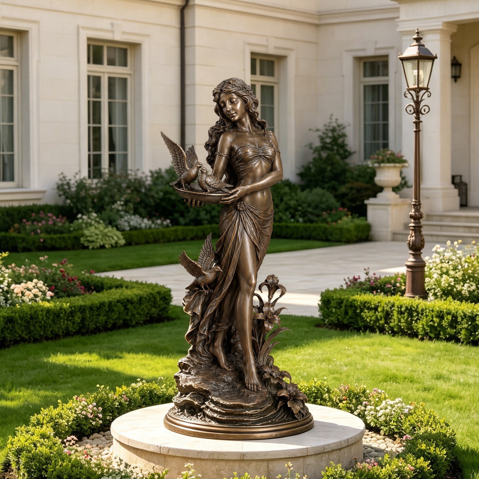 Outdoor bronze female sculpture with birds displayed in a luxury garden setting, showing detailed textures, graceful figure, flowers and premium antique bronze patina finish.