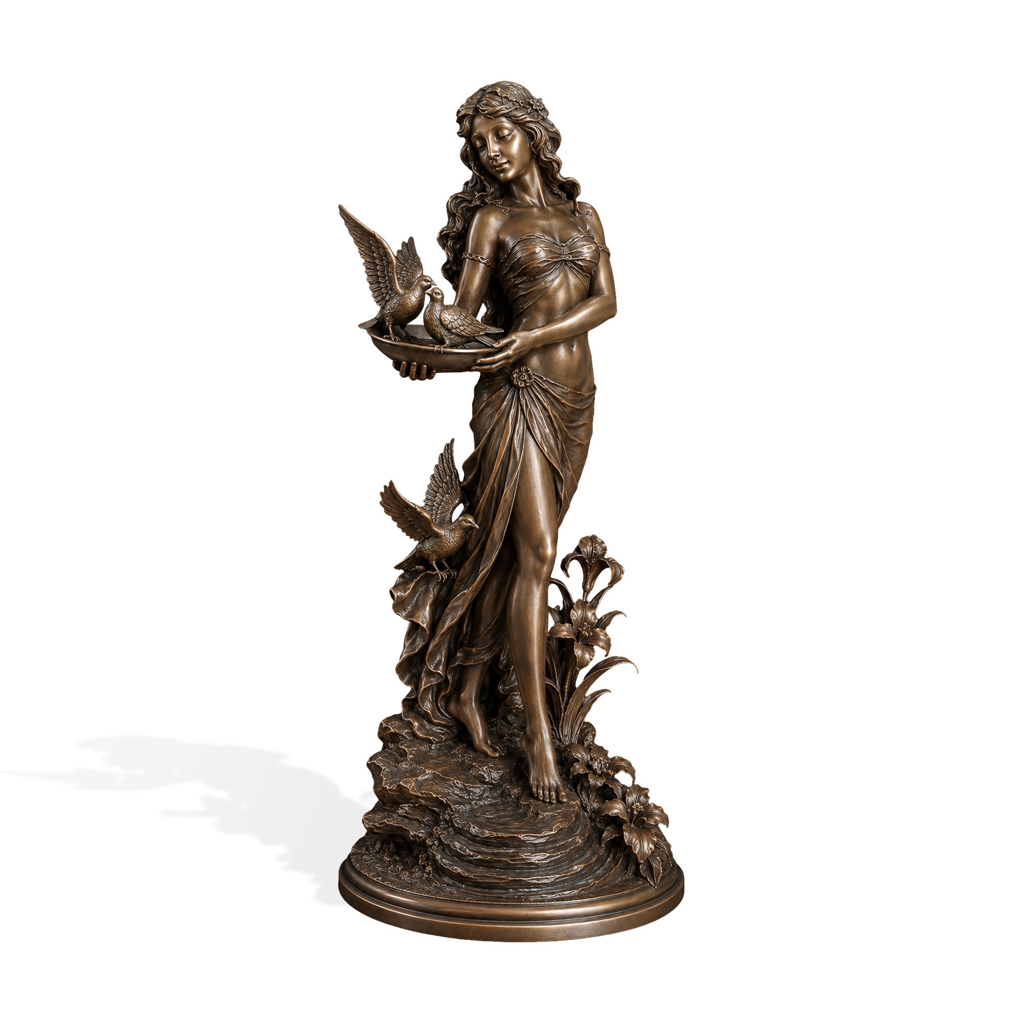 Elegant bronze woman sculpture holding birds with detailed flowing dress, floral elements and realistic handcrafted design, featuring classical artistic style and antique bronze finish.