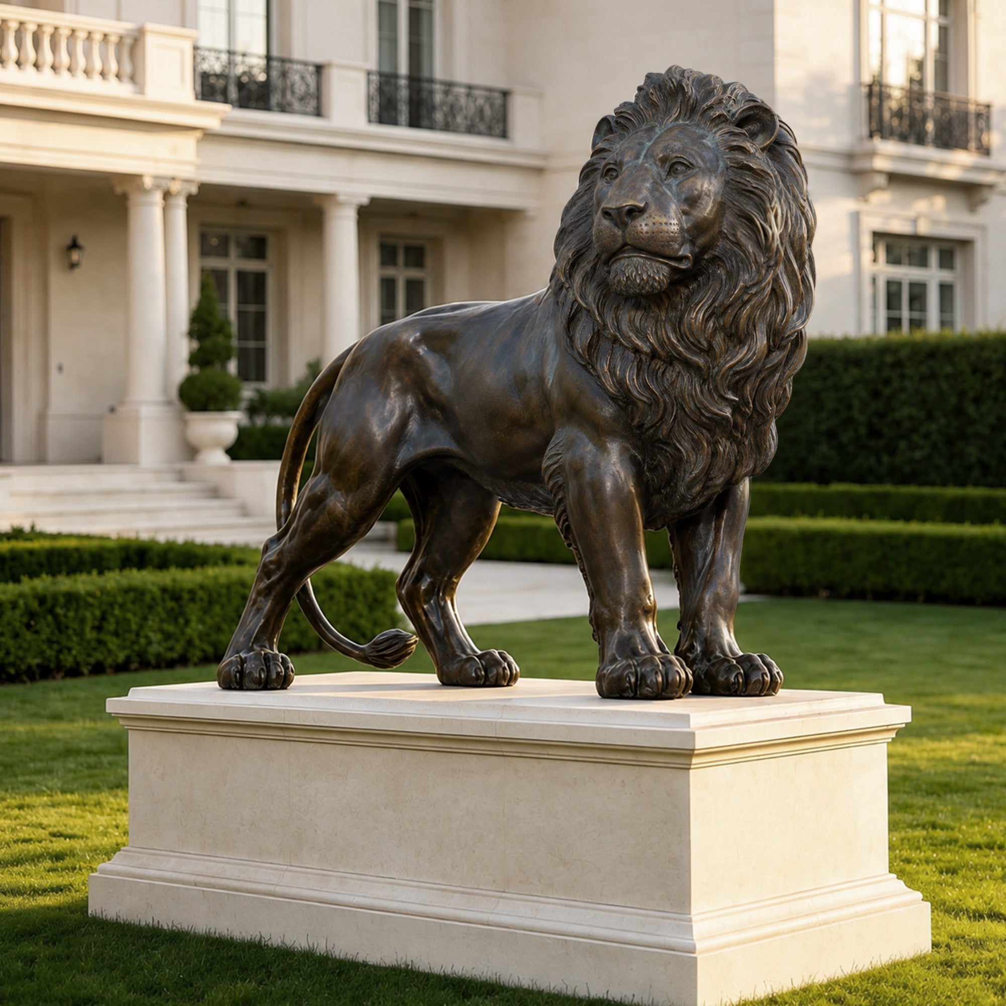 Large outdoor bronze lion sculpture displayed in a luxury garden setting, featuring detailed mane carving, strong posture and premium handcrafted antique bronze patina finish.