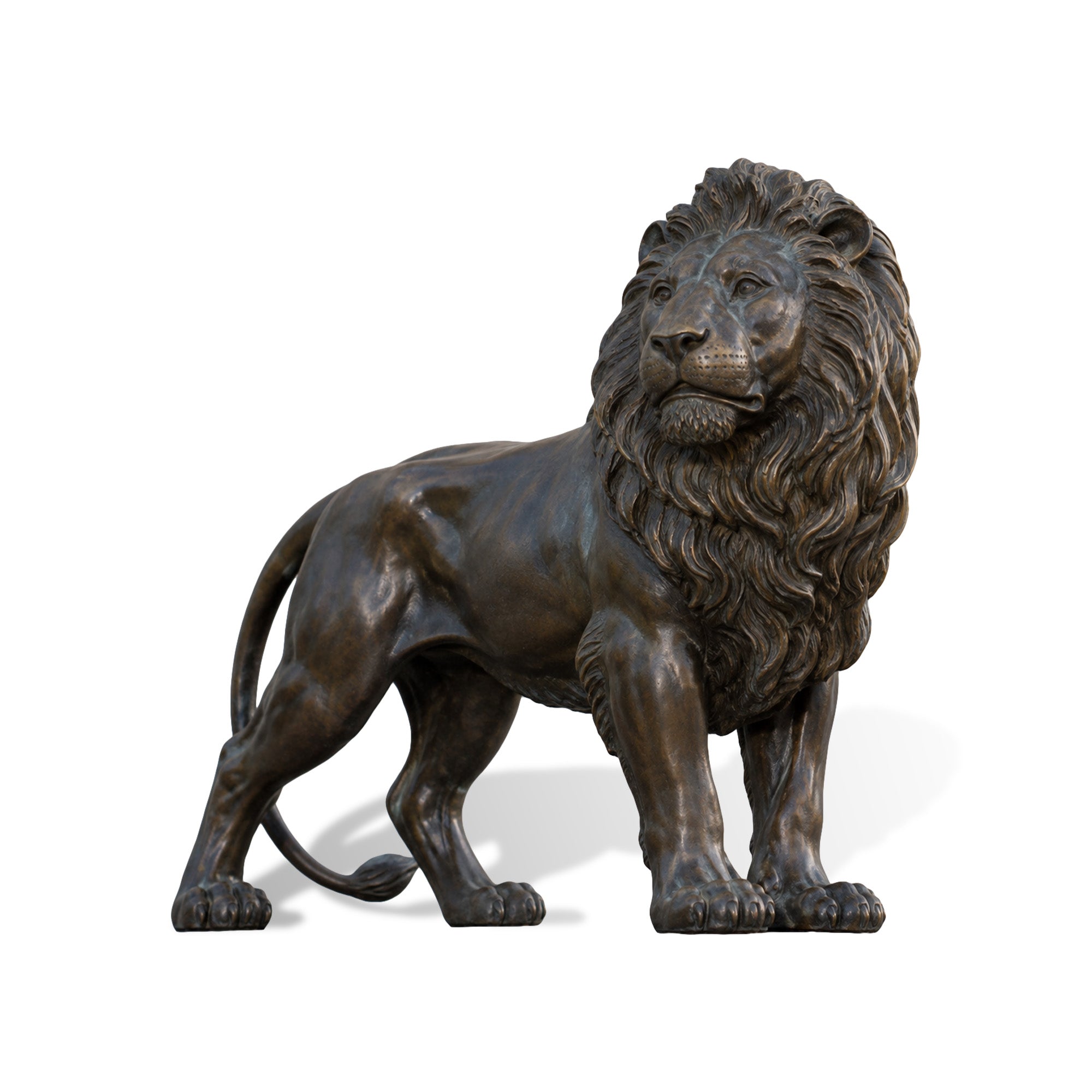 Classical bronze lion statue standing in a powerful pose with detailed mane, muscular body and realistic animal features, handcrafted sculpture with antique bronze finish.