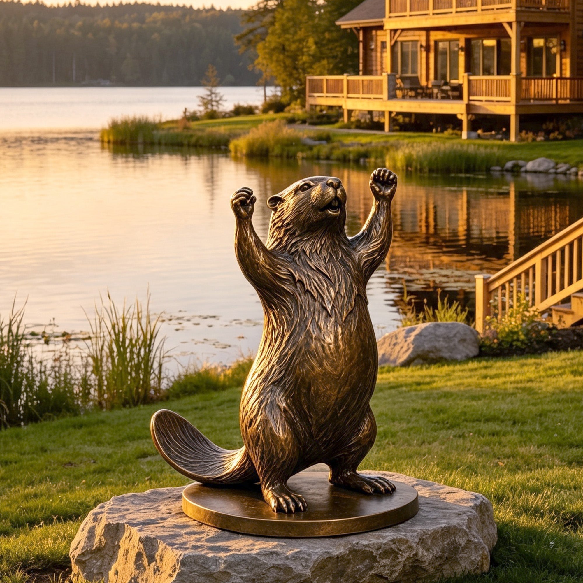 Outdoor bronze beaver garden statue featuring raised paws and realistic carved fur, installed among rocks and landscaping beside a wooden walkway and lodge.