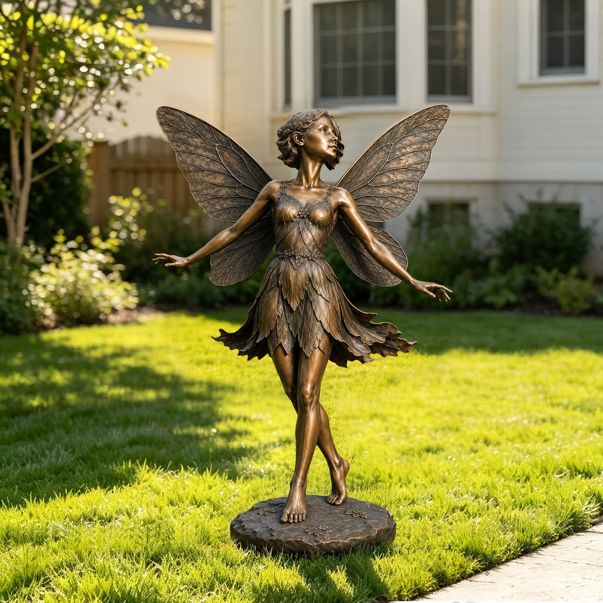 Elegant winged bronze fairy sculpture with crossed legs and outstretched arms, featuring intricate butterfly wings, layered leaf clothing and finely sculpted floral details on a naturalistic base.