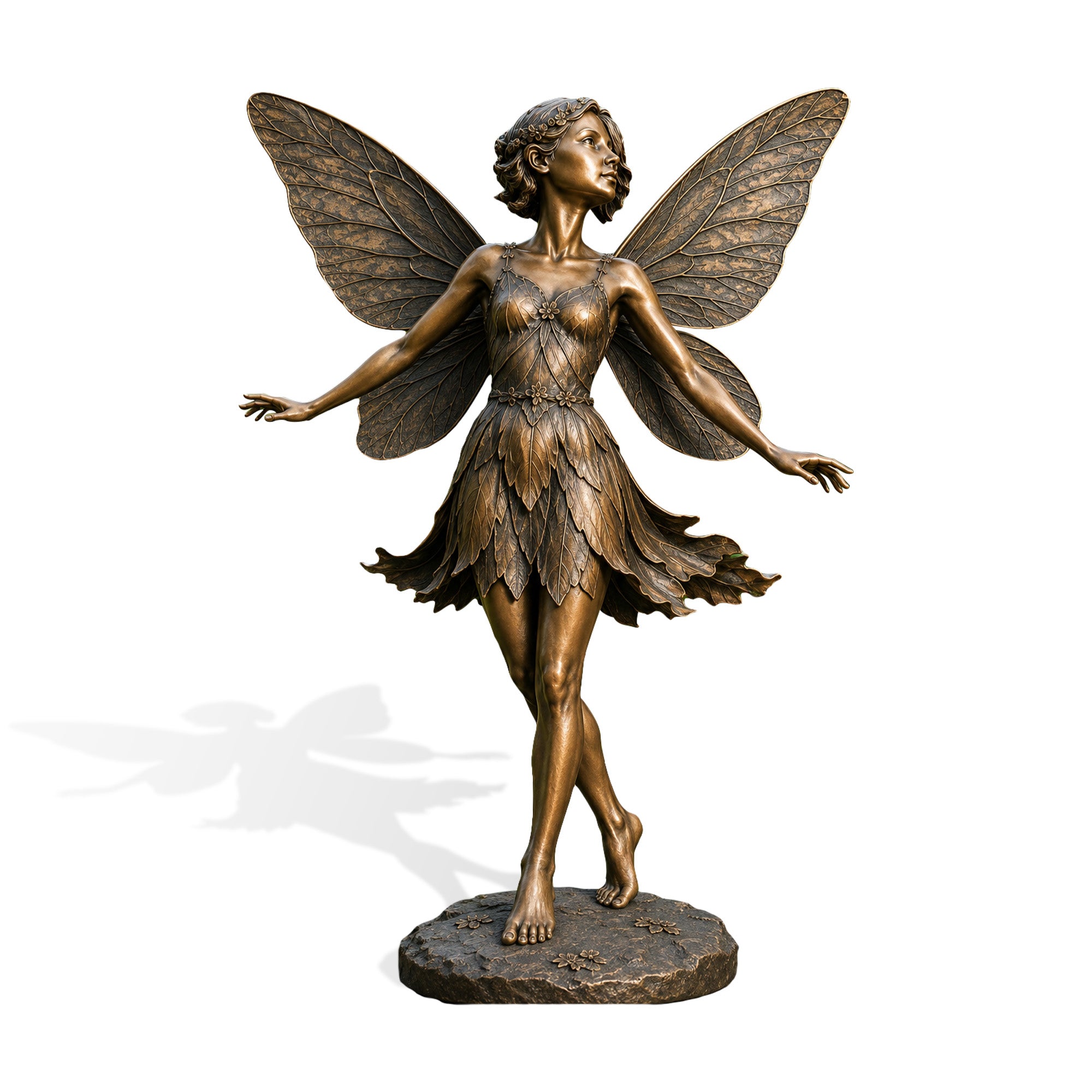 Life-size bronze fairy statue displayed in a sunny garden, featuring large detailed butterfly wings, an elegant leaf dress, graceful outstretched arms and a warm antique bronze finish.