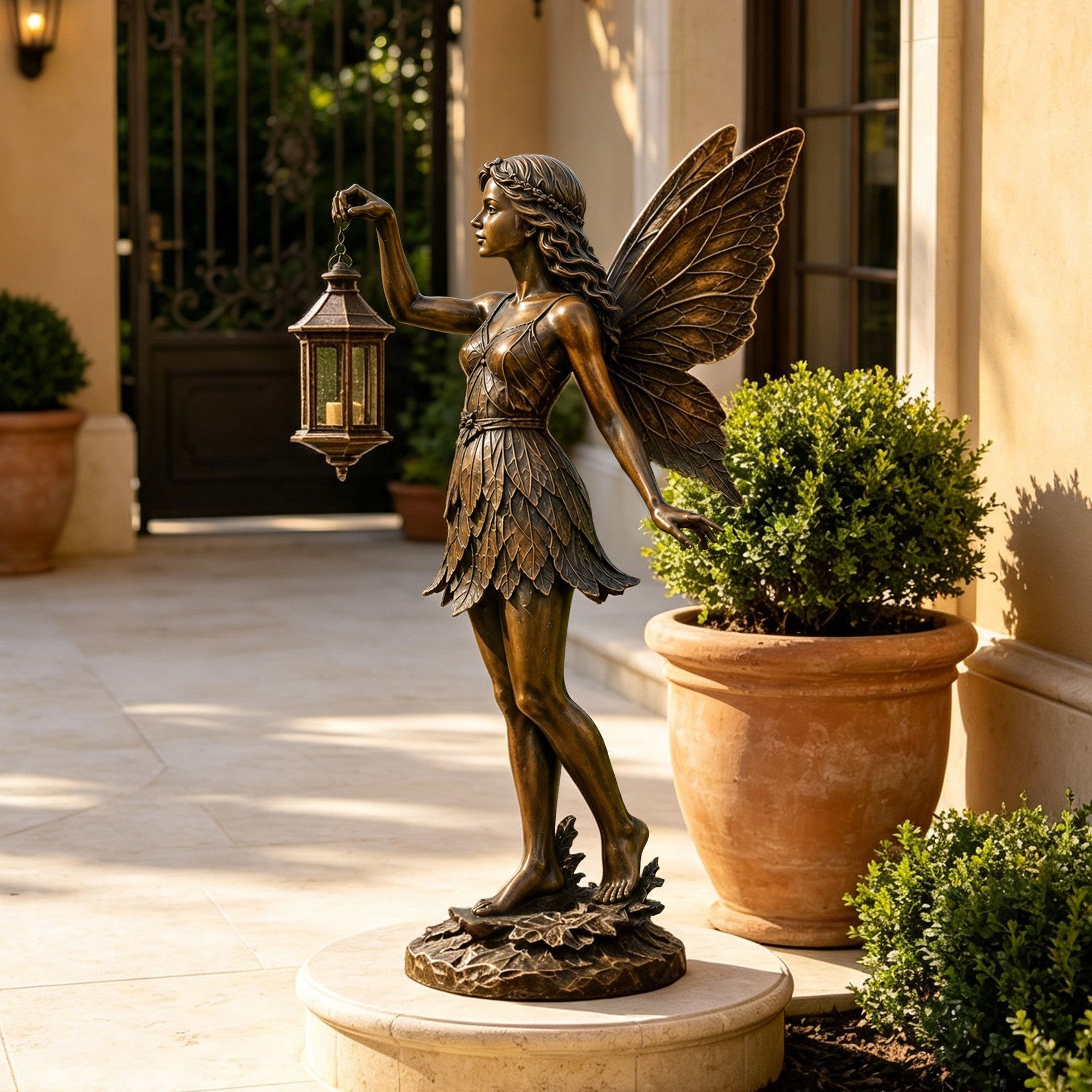 Bronze fairy garden sculpture holding a hanging lantern, featuring large detailed wings, flowing hair and a layered leaf dress, displayed on a pedestal beside a luxury home in a warm antique bronze finish.