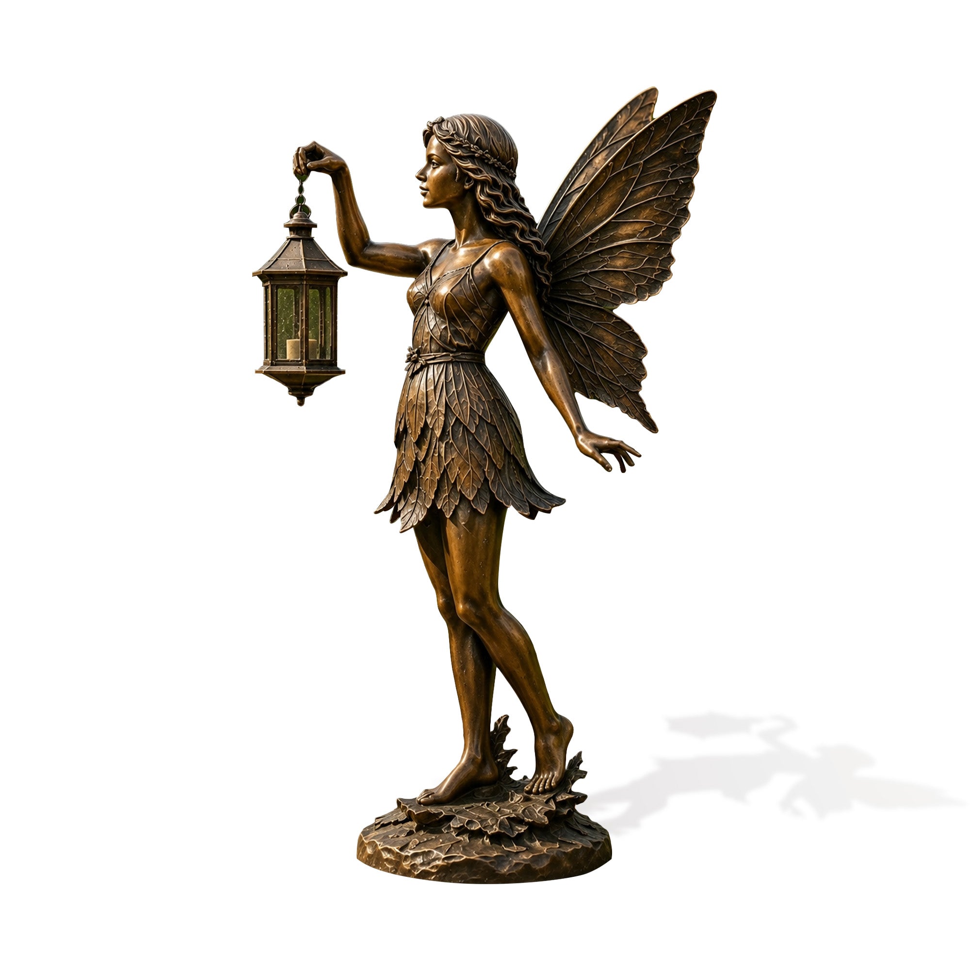 Full-length bronze fairy statue holding a lantern, designed with large veined wings, flowing hair, a detailed leaf dress and textured natural base in a warm antique bronze finish.